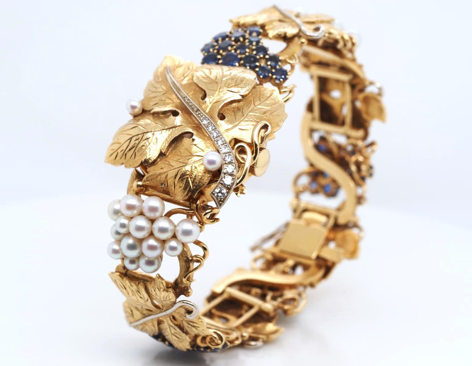 Women's Vintage OMEGA 18K Gold Pearl Sapphire & Diamonds Grape Watch Bracelet Very RARE For Sale