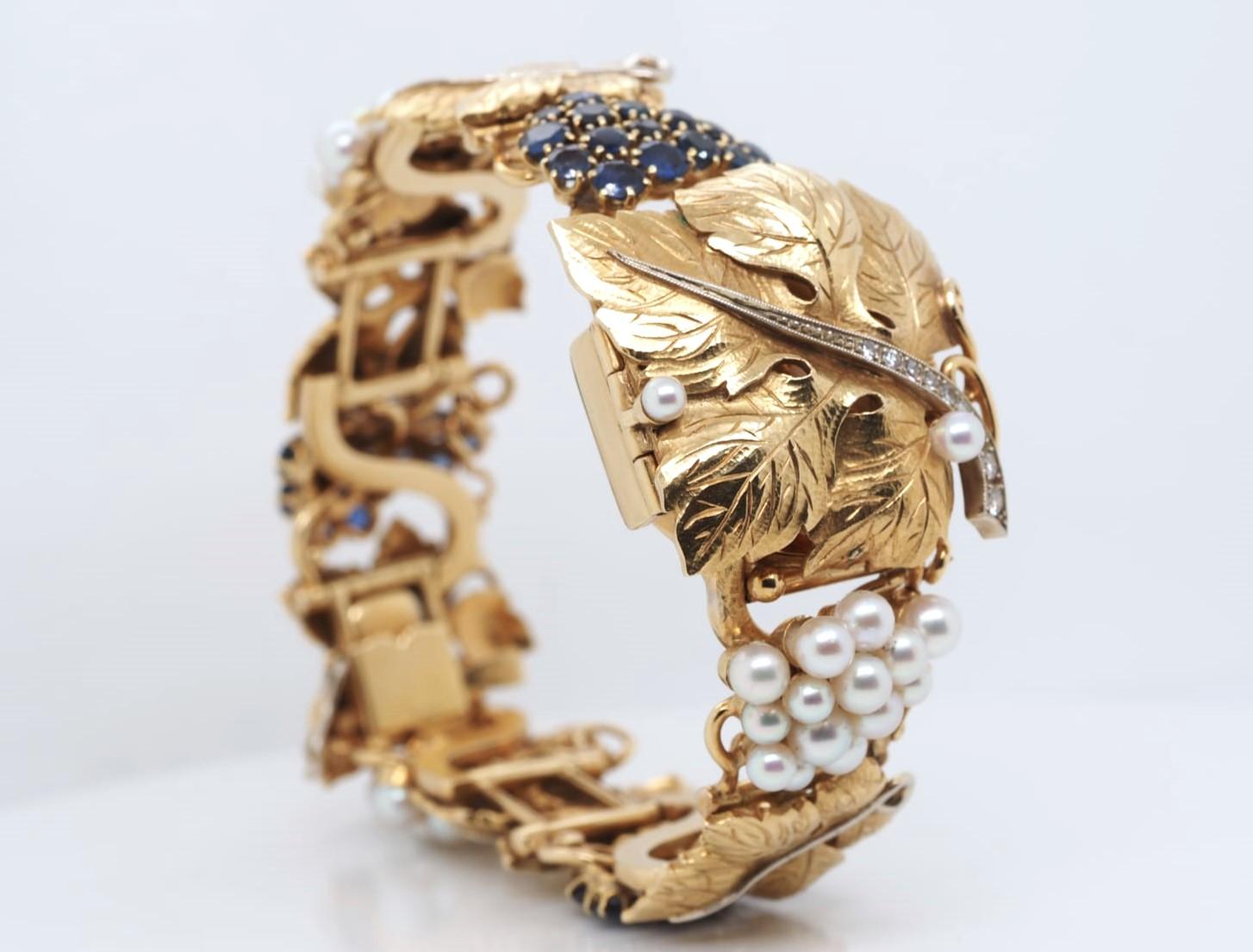 OMEGA Bracelet de montre vintage très rare en or 18 carats, perles, saphirs et diamants en vente 1