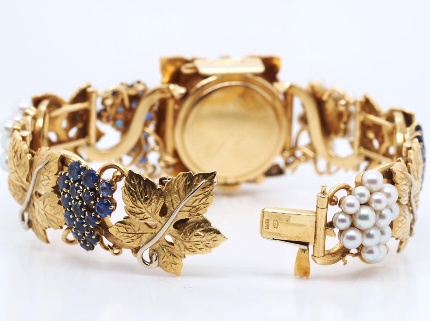 OMEGA Bracelet de montre vintage très rare en or 18 carats, perles, saphirs et diamants en vente 3