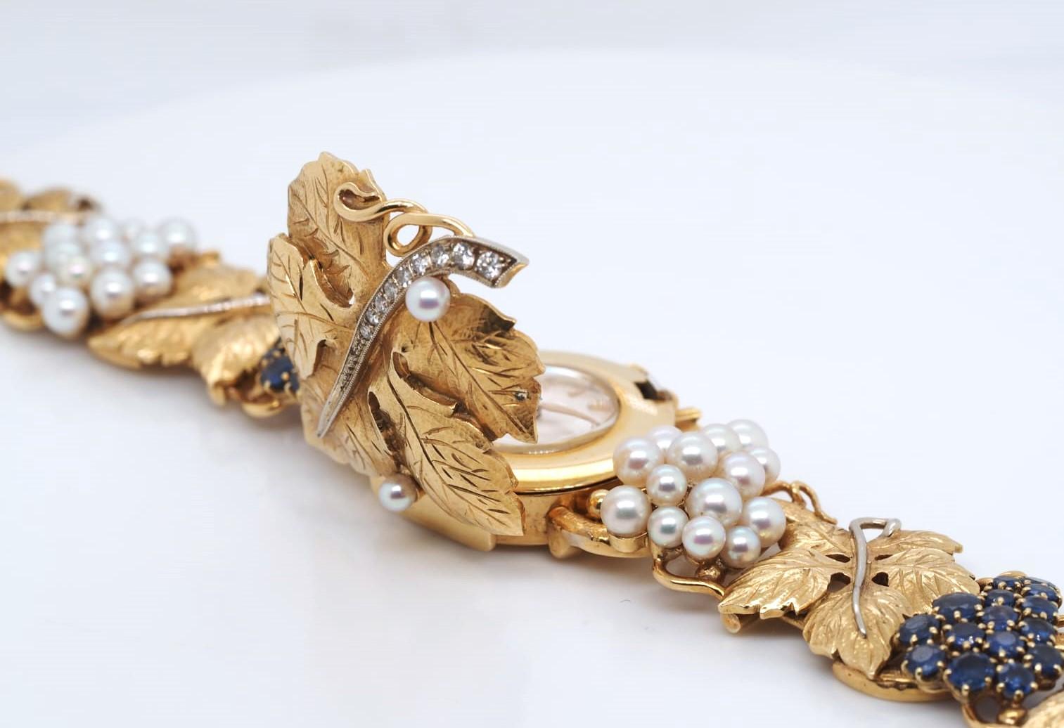 Vintage OMEGA 18K Gold Pearl Sapphire & Diamonds Grape Watch Bracelet Very RARE For Sale 4