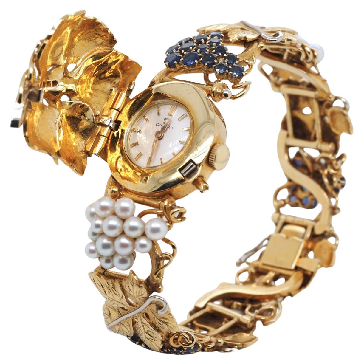 Vintage OMEGA 18K Oro Perla Zafiro y Diamantes Uva Reloj Pulsera Muy RARO