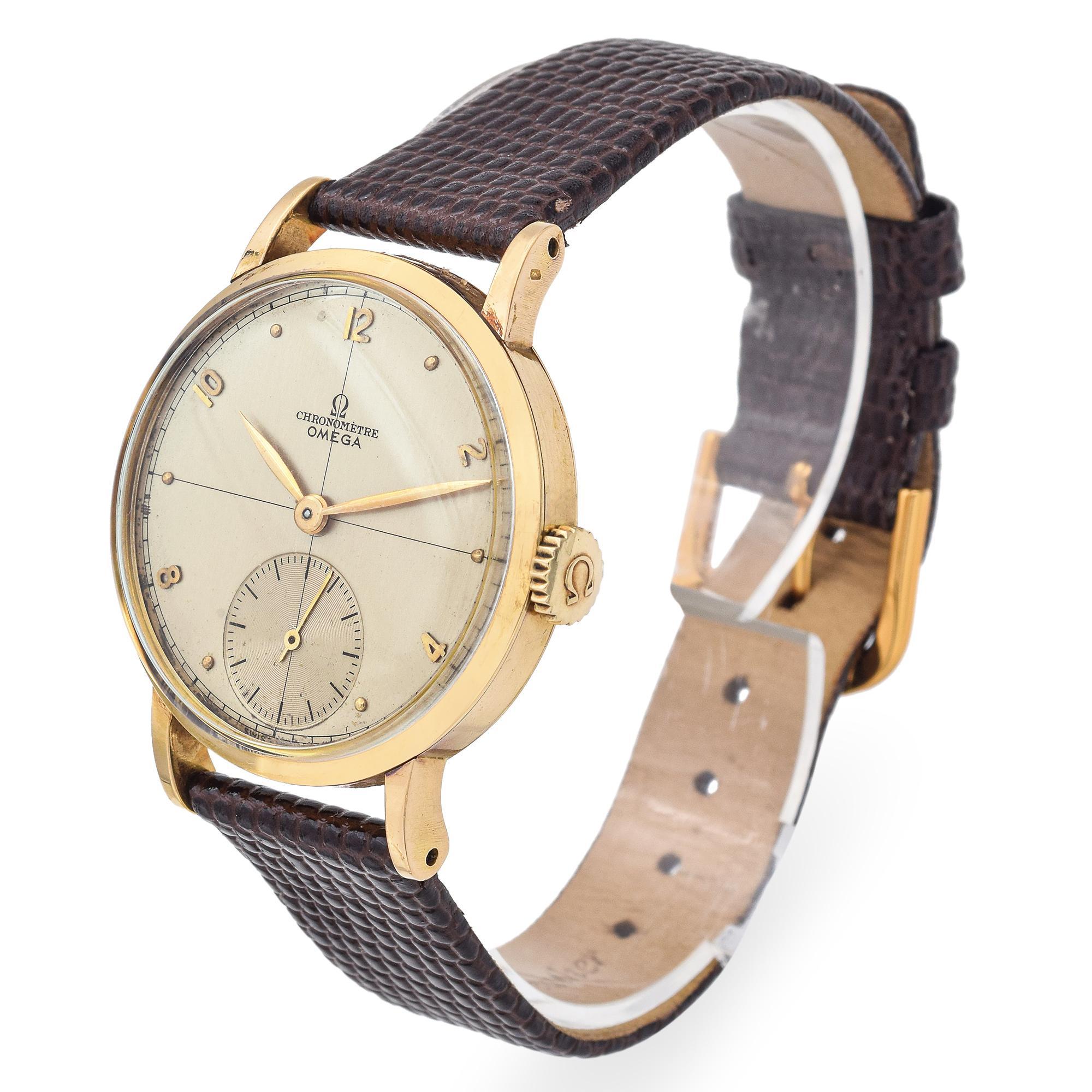 Brand: Omega
Model: Chronometre
Caliber: 30T2RG
Case Size: 33mm
Movement: Hand Wind
Material: 18k Yellow Gold, Leather
Size: 7.75