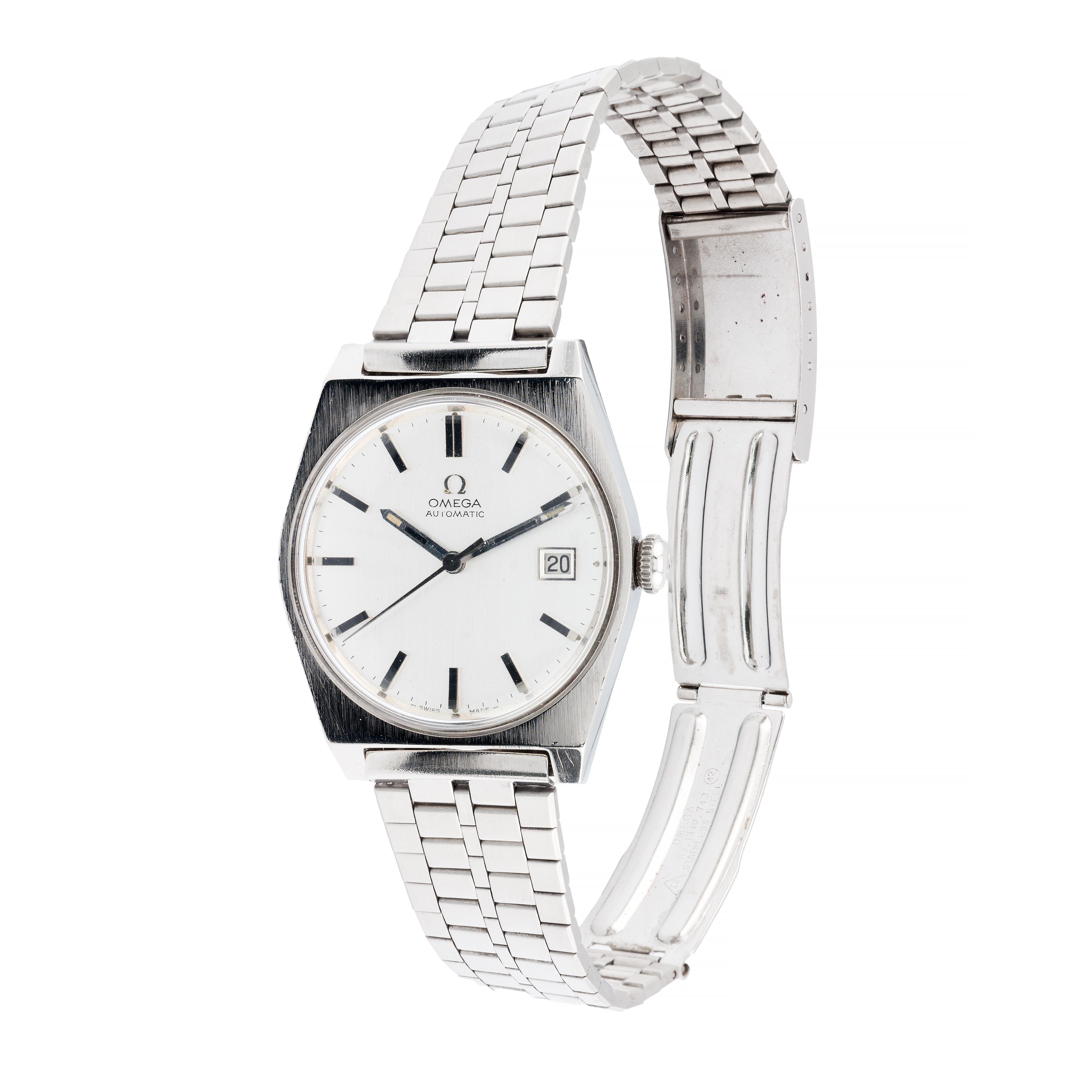 Aston Estate Jewelry Presents:

A vintage Omega wristwatch crafted in stainless steel on original Omega signed five row brick link bracelet.

The cushion-shaped watch features a refined sunburst dial with baton indexes, enhancing its elegant design.