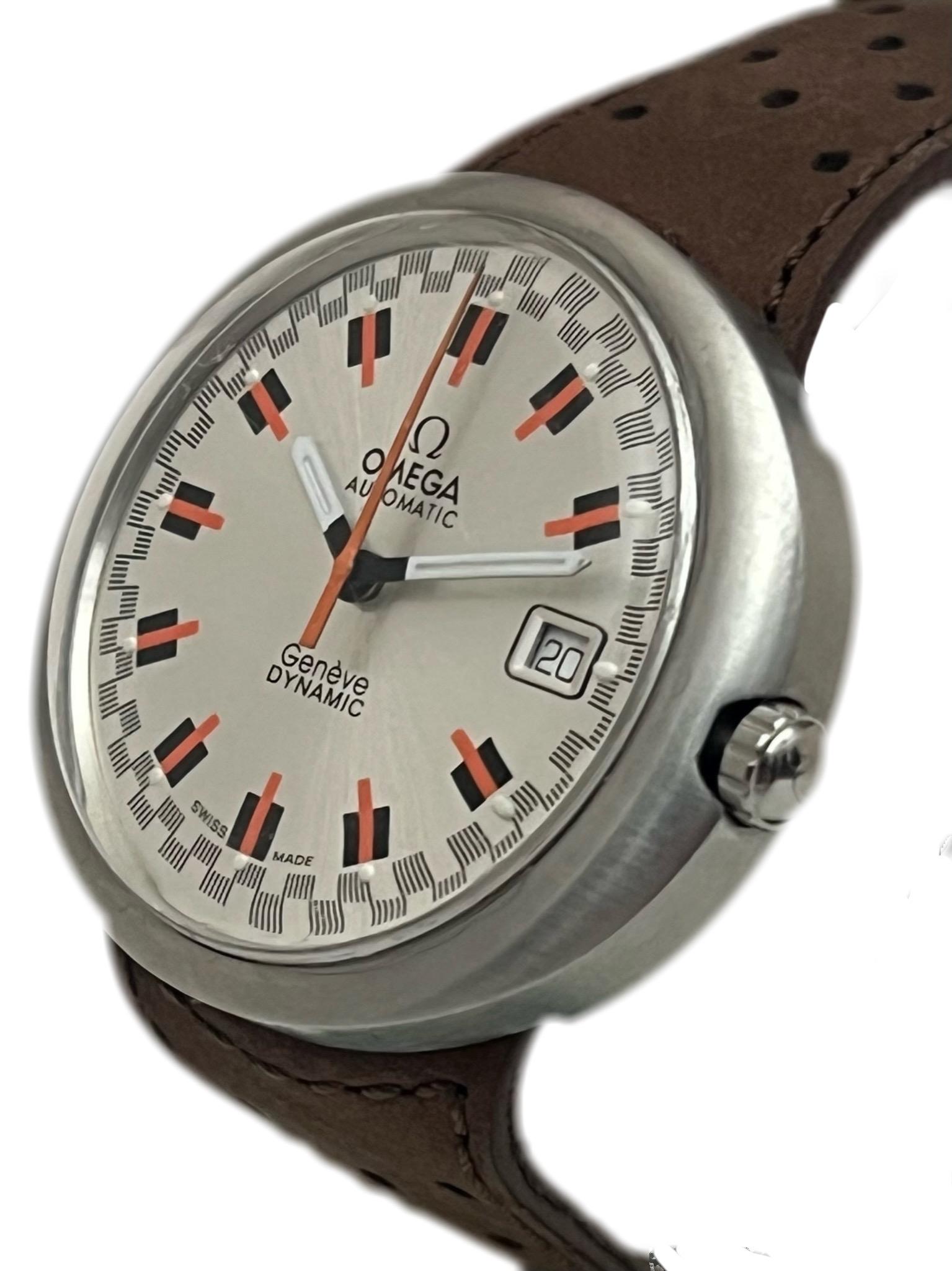 A very stylish vintage Omega Automatic Genève Dynamic wristwatch, Model Ref 166.039. Omega introduced the Ref. 166.039 Genève Dynamic in 1969 and this model is circa 1970.

The watch is made of steel oval brushed monocoque case with original Omega