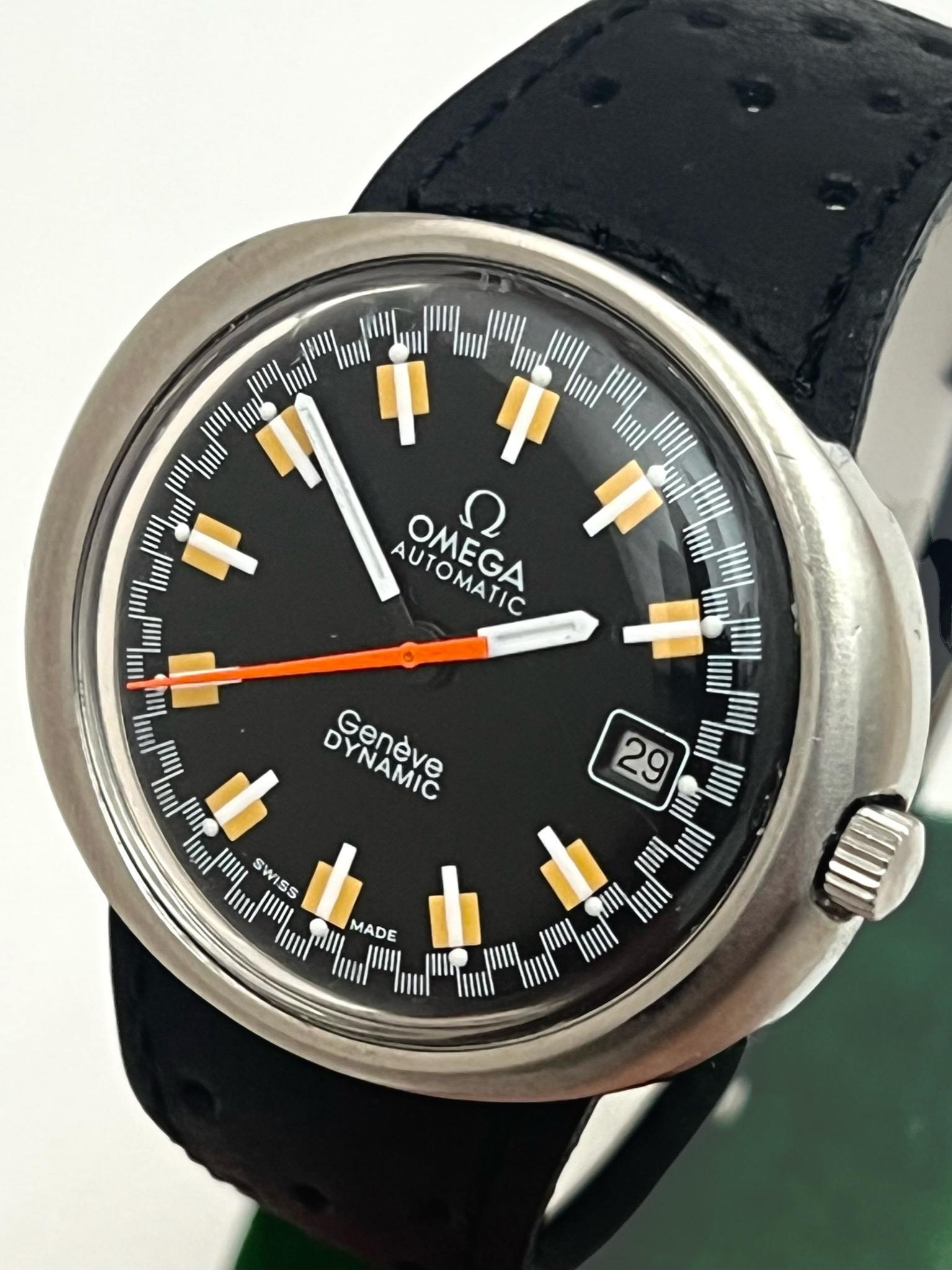 A very stylish vintage Omega Automatic Genève Dynamic wristwatch, Model Ref 166.039. Omega introduced the Ref. 166.039 Genève Dynamic in 1969 and this model is circa 1970.

The watch is made of steel oval brushed monocoque case with original Omega