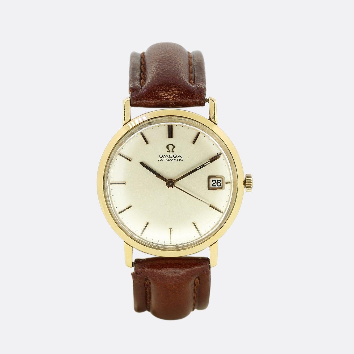 This is a vintage 18ct yellow gold Omega automatic wristwatch. The watch features all its original parts including the case, dial and crown. However, the strap has been replaced at some point. 

Omega classic timepieces have been worn by many