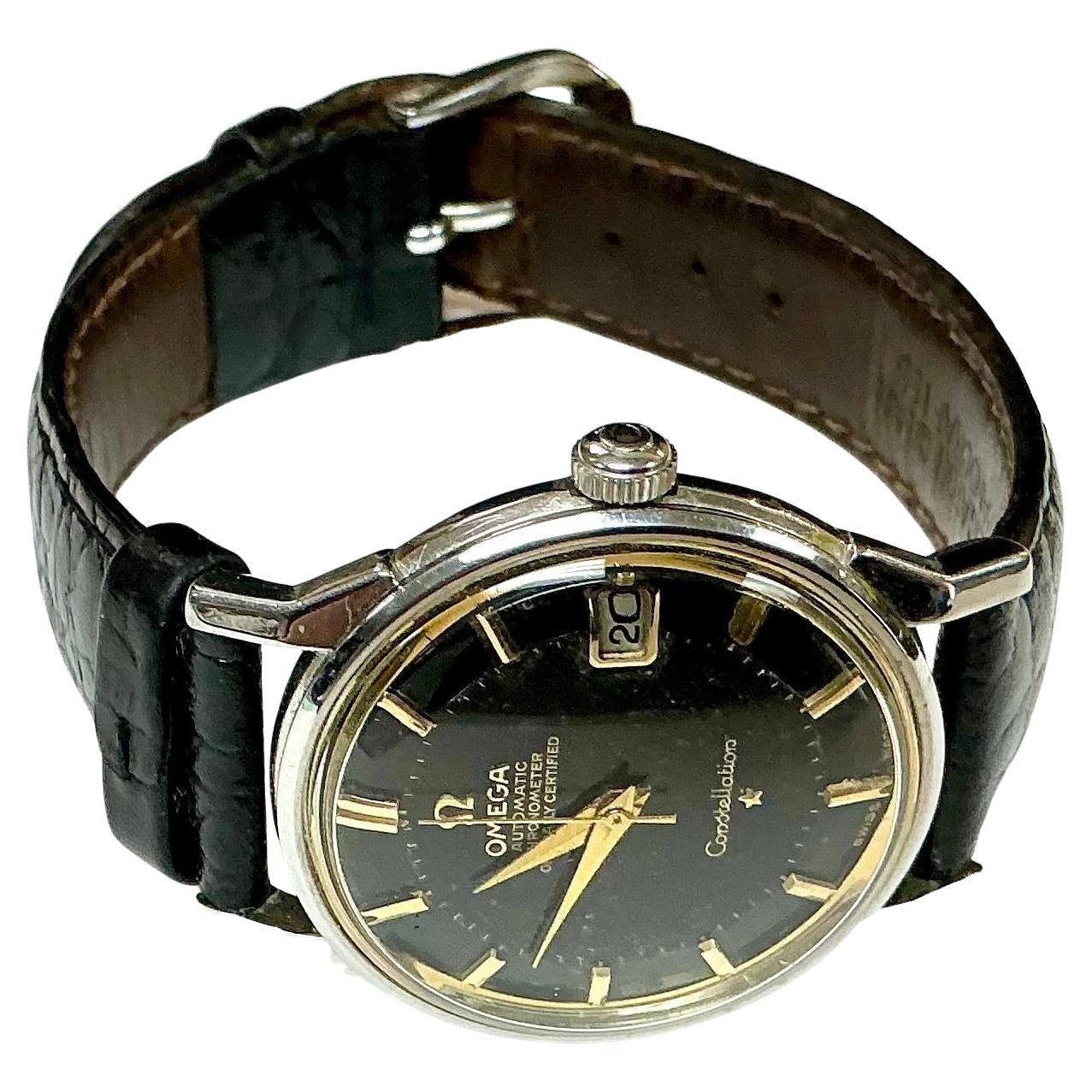 Modern Vintage Omega Black Dial Constellation Watch For Sale