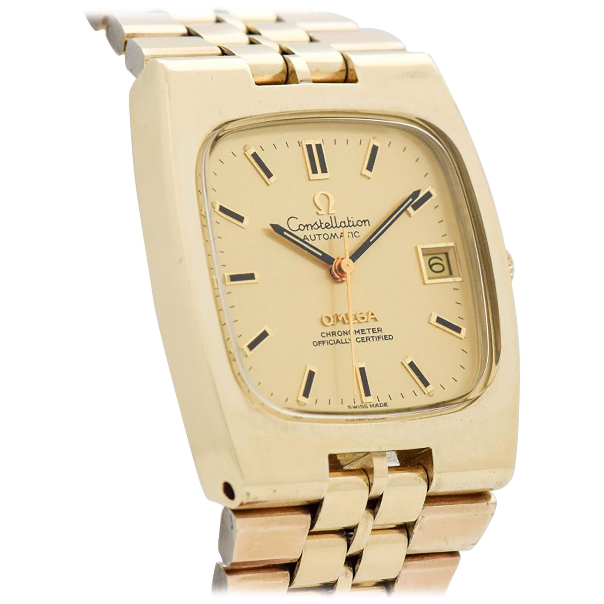 Vintage Omega Constellation 14 Karat Yellow Gold Filled Watch with Bracelet 1971 For Sale