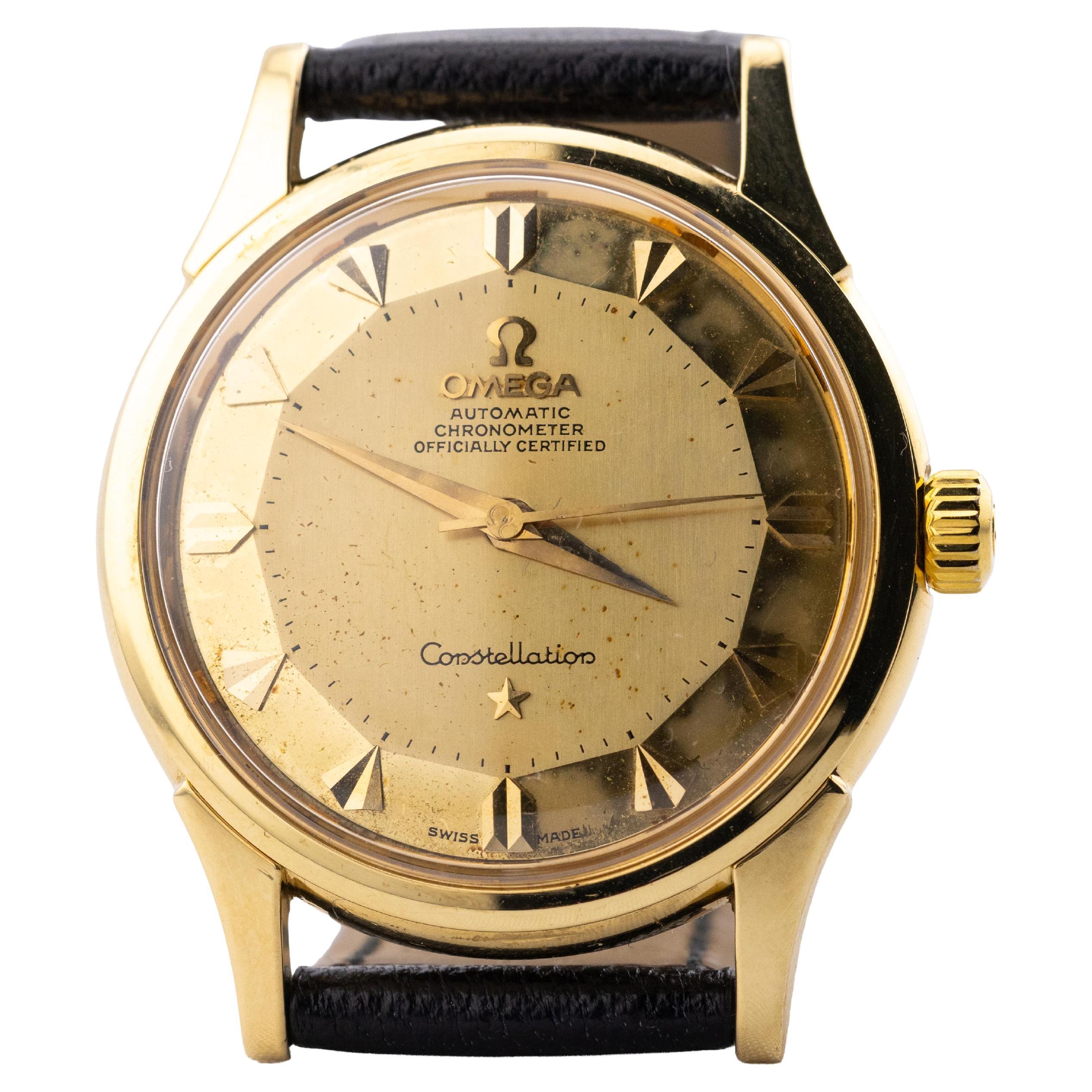 Reloj vintage Omega Constellation DeLuxe Pie Pan de oro de 18 quilates para caballero Circa 1959 en venta