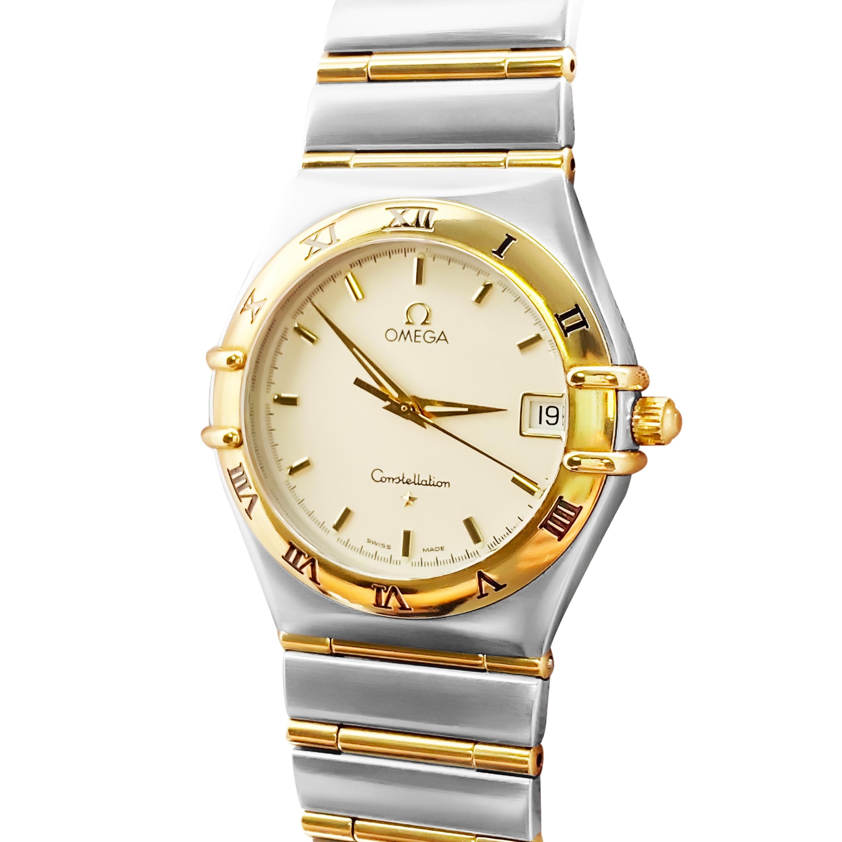 Omega constellation 
Stainless steel and gold. Full bar gold. 
Quartz
34mm Head
Cream dial 
Two tone. 
No box no papers

First appearing in 1952, the Constellation was designed to be Omega's bellwether watch. This was the brand's first mass-produced