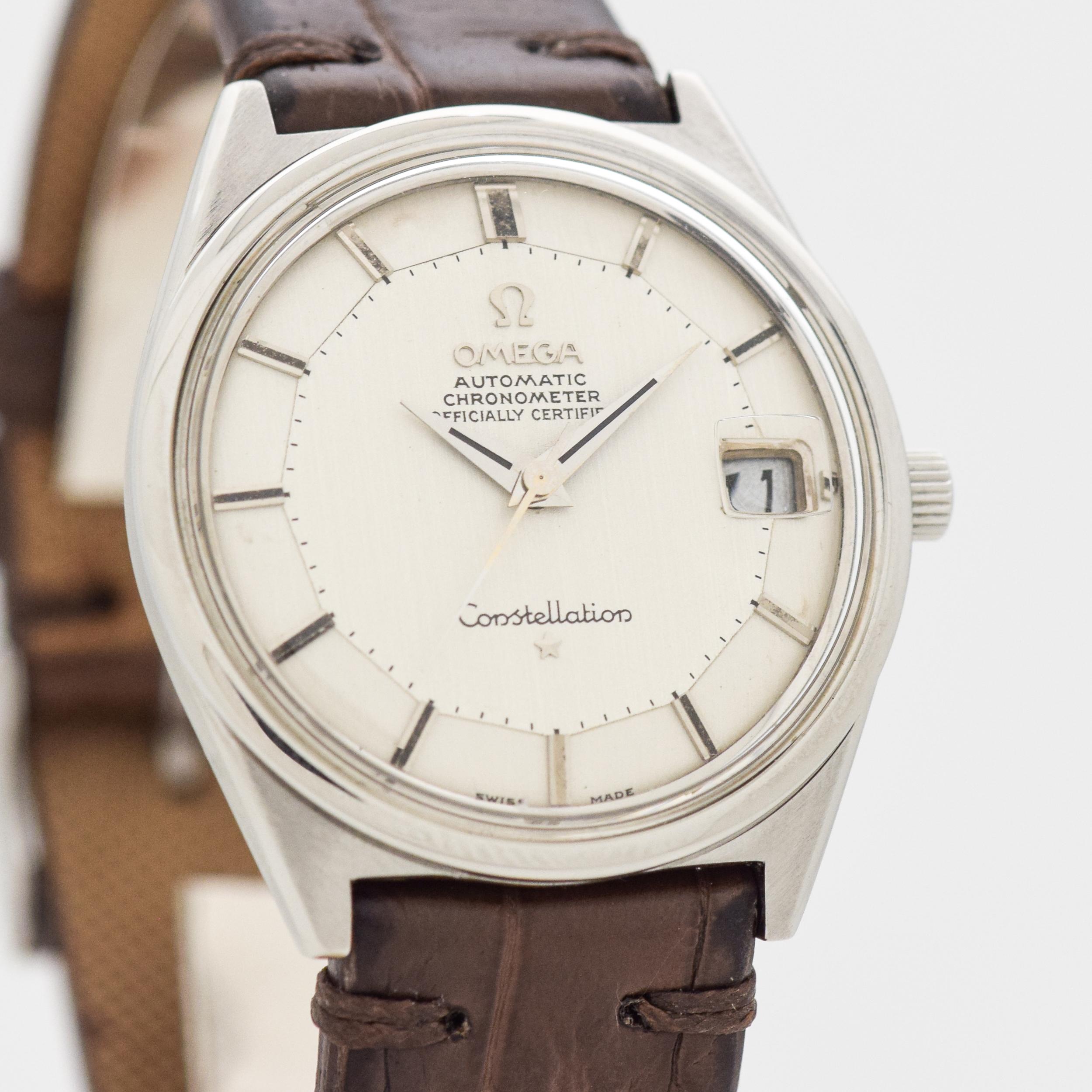 1969 Vintage Omega Constellation Chronometer Ref. 168.025 Stainless Steel watch with Original Silver Pie Pan Dial with Applied Beveled Steel Stick/Bar/Baton Markers. 33mm x 38mm lug to lug (1.3 in. x 1.5 in.) - 24 jewel, automatic caliber movement.