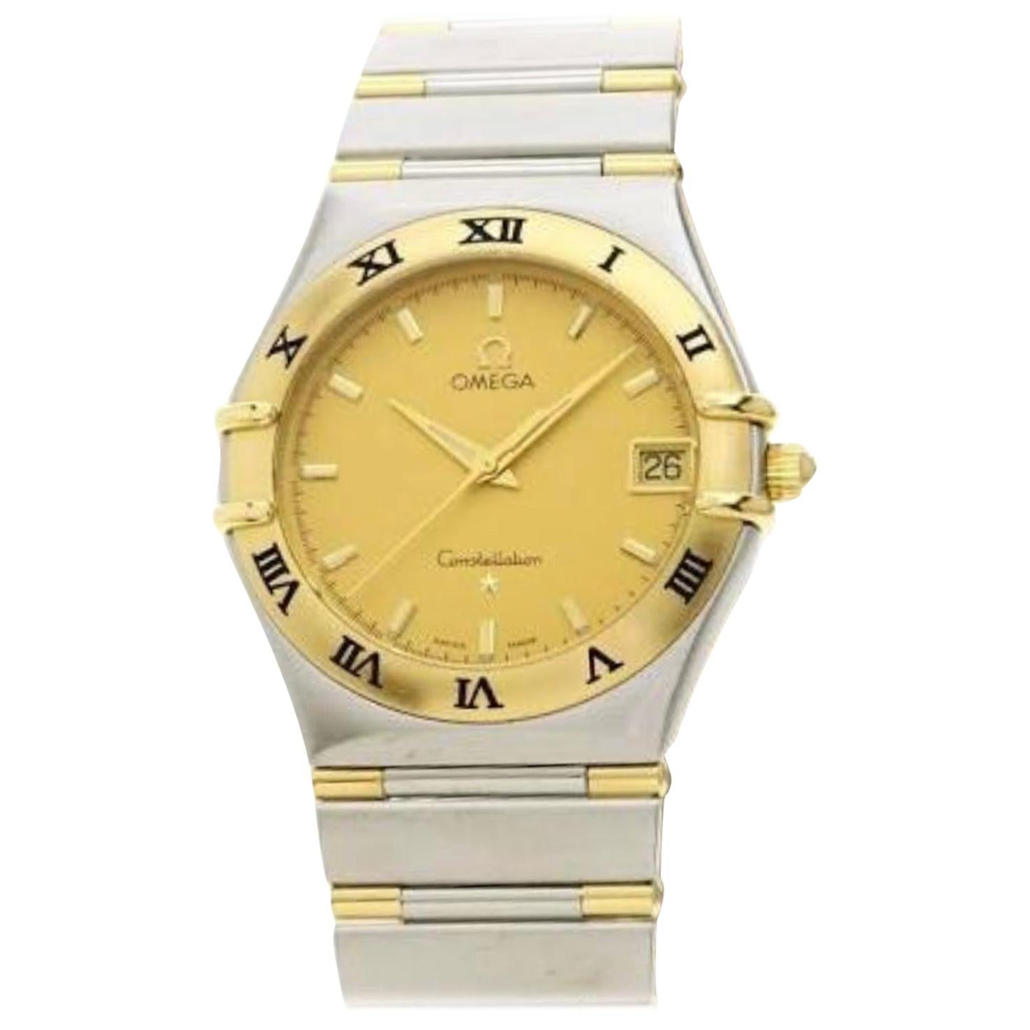 Vintage Omega Constellation Quartz Date 18 Karat Gold Half Bar/SS Men’s Watch For Sale