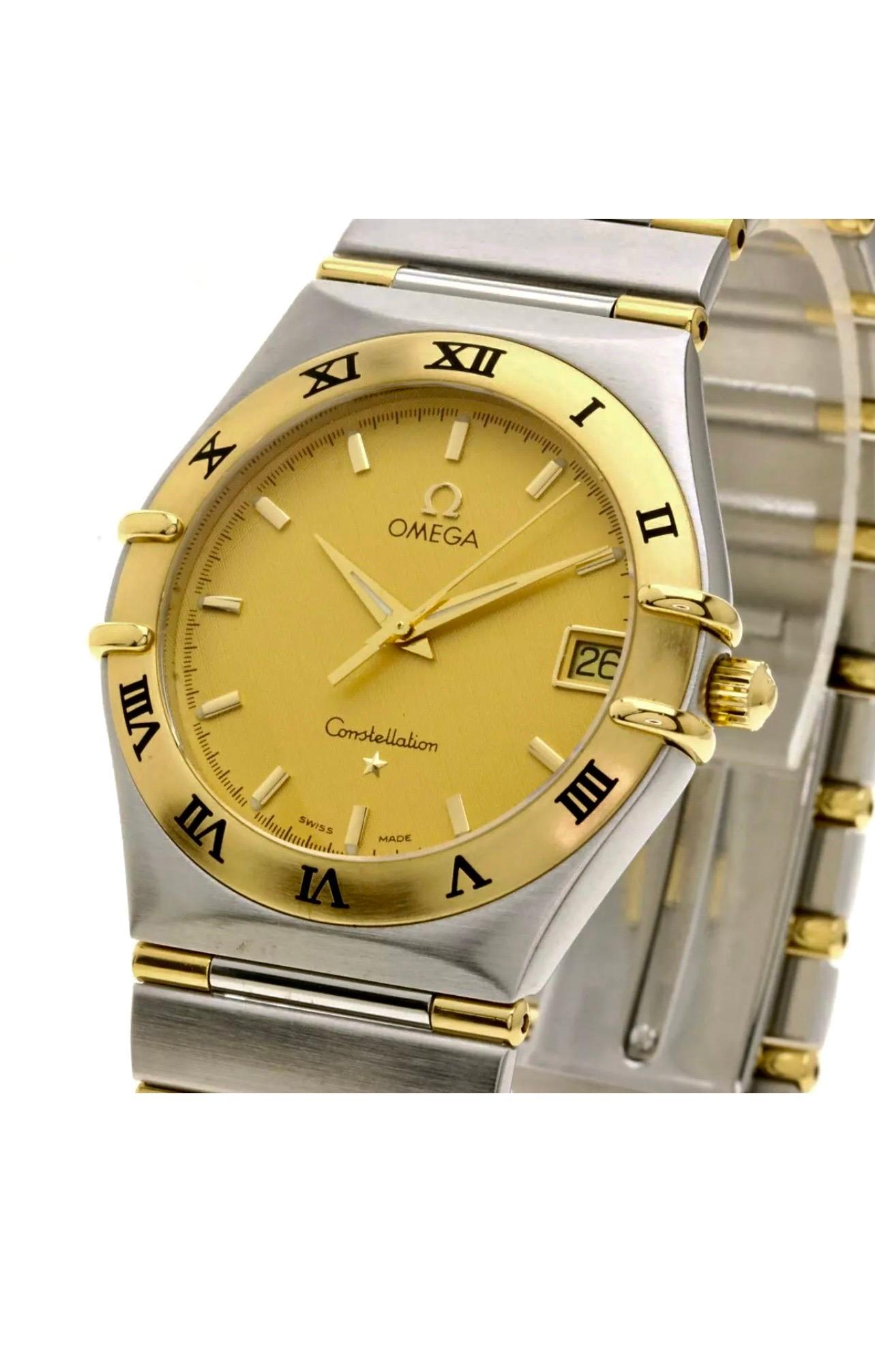 Omega Constellation Combination 1212.10 Watches Quartz Gold Dial Stainless
Omega constellation
Stainless steel and gold. Half  bar gold.
Quartz
34mm Head
Gold Dial
Two tone.
No box no papers

First appearing in 1952, the Constellation was designed