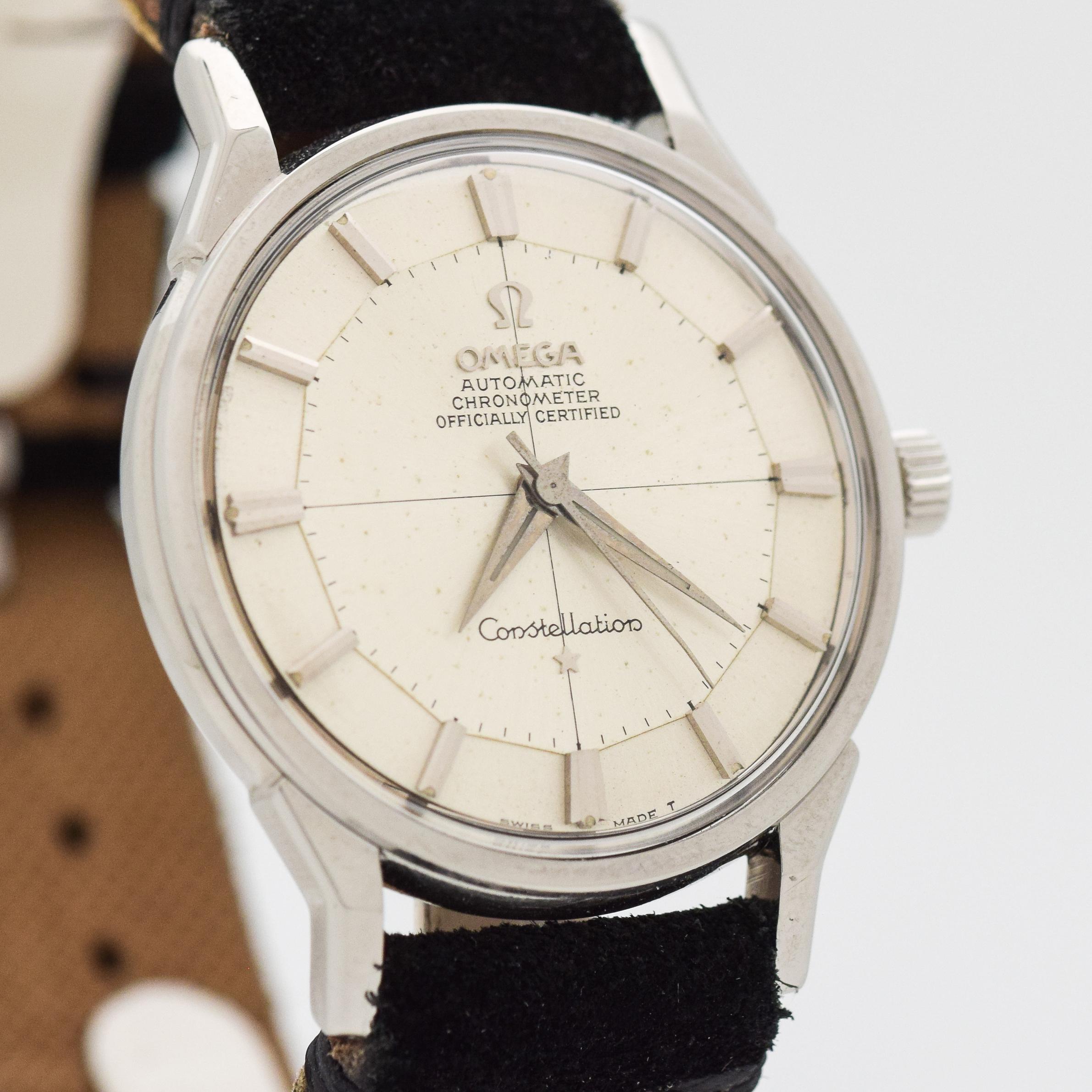 1963 Vintage Omega Contellation Ref. 167.005 Stainless Steel watch with Original Desirable Pie Pan Silver Dial with Applied Steel Bar Markers. 34mm x 41mm lug to lug (1.34 in. x 1.61 in.) - 24 jewel, automatic caliber movement. Equipped with a