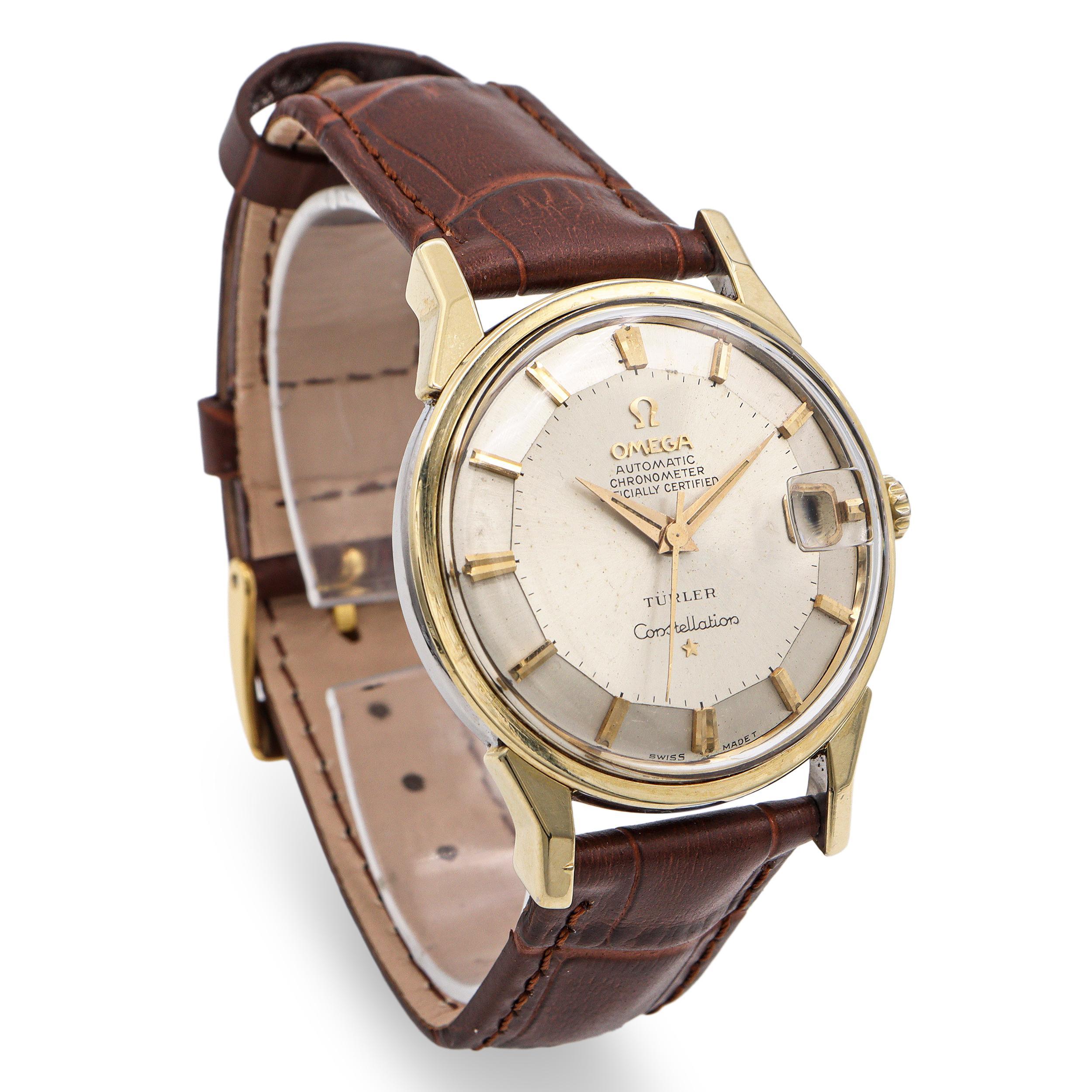 Reloj automático de caballero Vintage Omega Constellation Türler Dial 14K con tapa de oro en Bueno estado para la venta en New York, NY