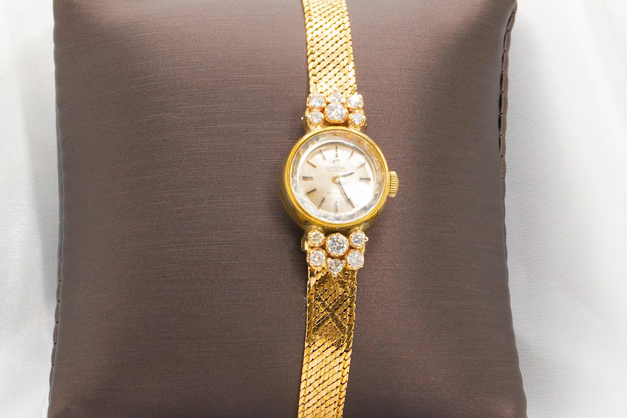 Round Cut Vintage Omega De Ville 0.75 ctw. Diamonds 18k Yellow Gold Manual Wind Watch