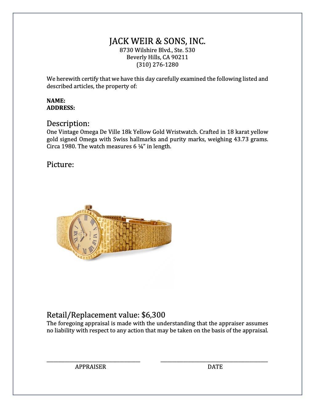Women's or Men's Vintage Omega De Ville 18k Yellow Gold Wristwatch