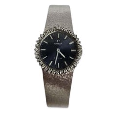 Vintage Omega De Ville Esfera Azul Oro Blanco 18K Bisel de Diamantes Reloj de Señora