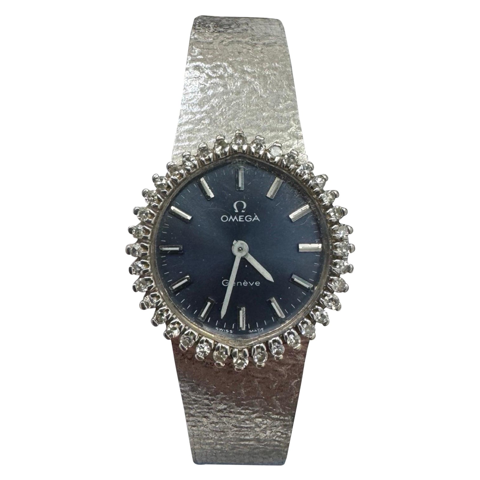 Vintage Omega De Ville Esfera Azul Oro Blanco 18K Bisel de Diamantes Reloj de Señora