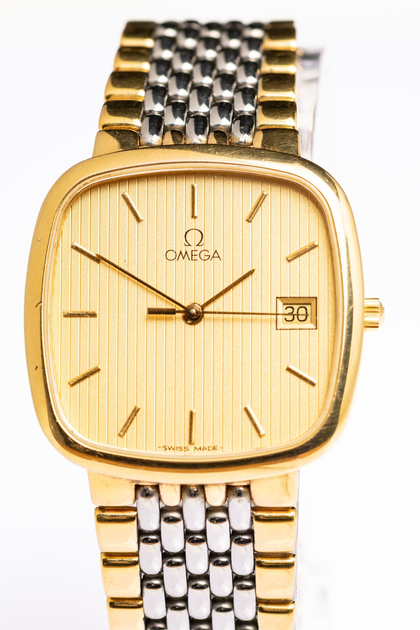 Reloj de pulsera vintage Omega De Ville dorado y plateado en venta 2
