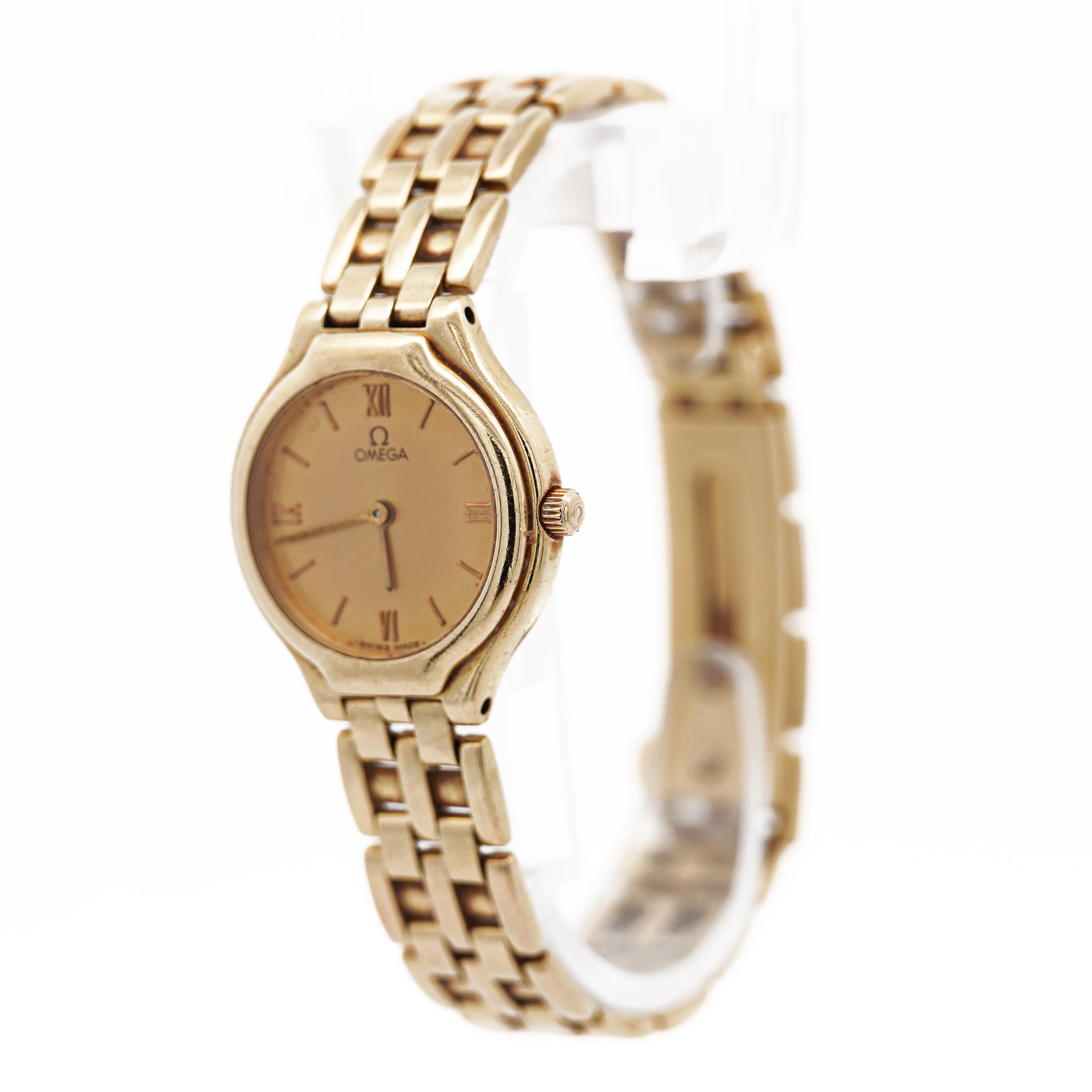 Vintage Omega Classic Deville Watch, featuring a sleek 18K yellow gold design and reliable quartz movement. Complete with box and papers.

Details:
Item Type: Watch
Metal: 18K Yellow Gold
Case Size: 24mm
Bracelet Width: 11.55mm
Length: 7