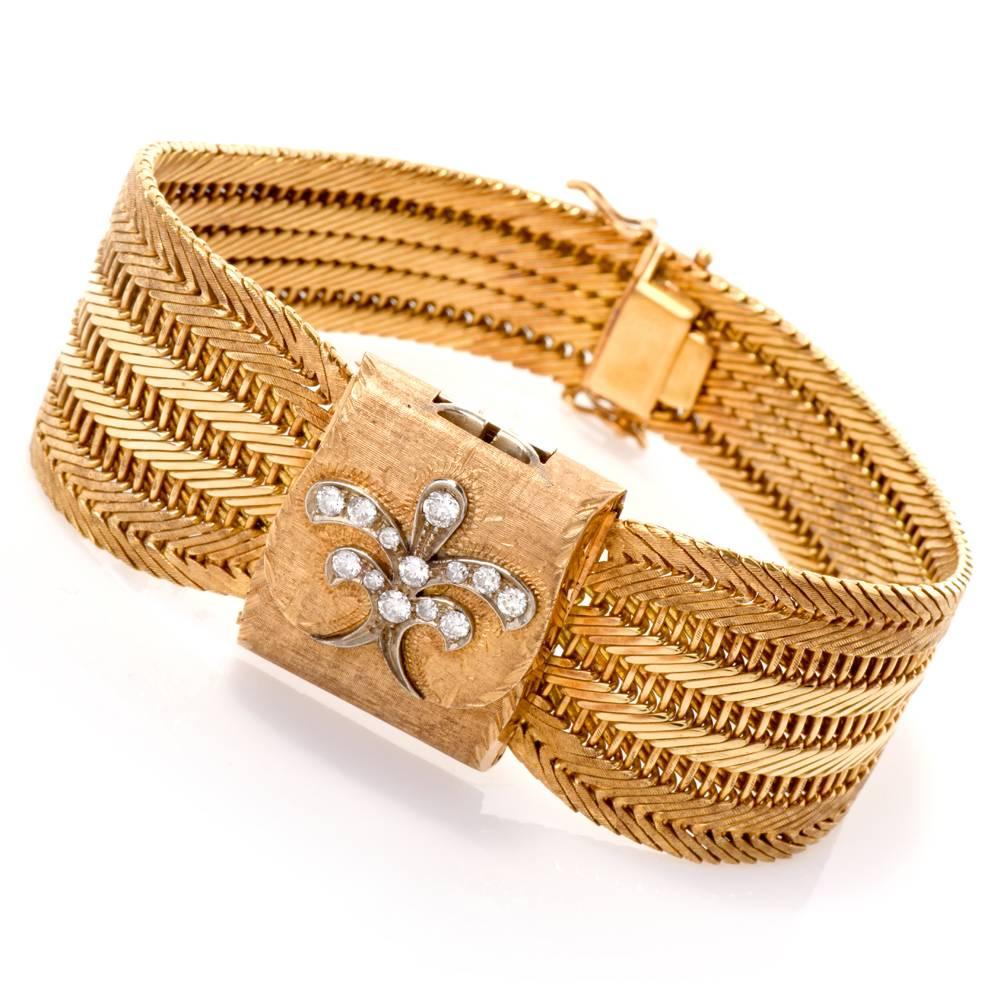 This glamorous 1970's Vintage Omega ladies watch is crafted in solid 18K Yellow Gold. It displays a “Fleur de Lis” foldable case adorned with 13 genuine round cut Diamonds approx: 0.50 cttw, G-H color, VS clarity prong set, enclosing an offset white