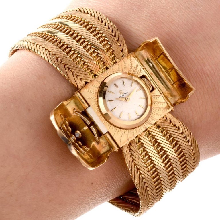 Vintage Omega Diamond 18 Karat Yellow Gold Ladies Cocktail Watch For Sale At 1stdibs