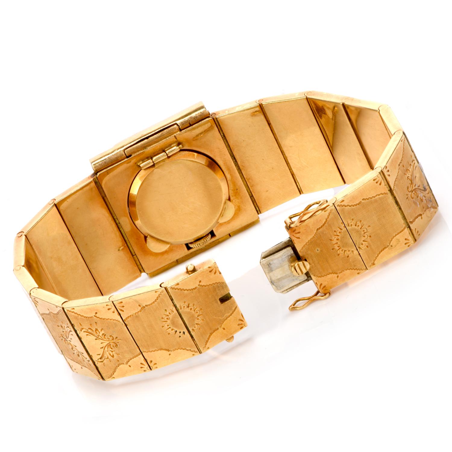 Retro Vintage Omega Diamond 18 Karat Gold Hand Engraved Covered Watch