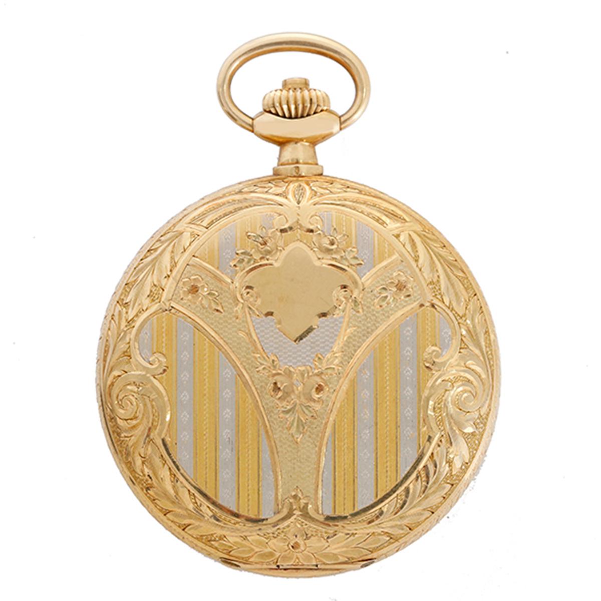 Vintage Omega Engraved 18k Yellow Gold Men's Pocket Watch in Original Box - Manual winding. 18k yellow gold case ornately engraved with alternating stripes of white gold on both front and back (49mm diameter). White enamel dial with bold black Roman