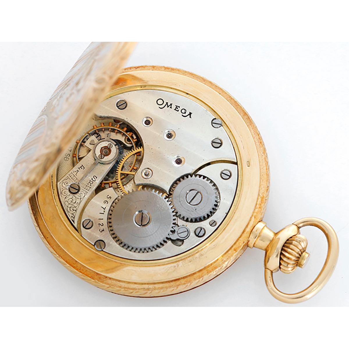 Vintage Omega Engraved 18k Yellow Gold Men's Pocket Watch in Original Box 1