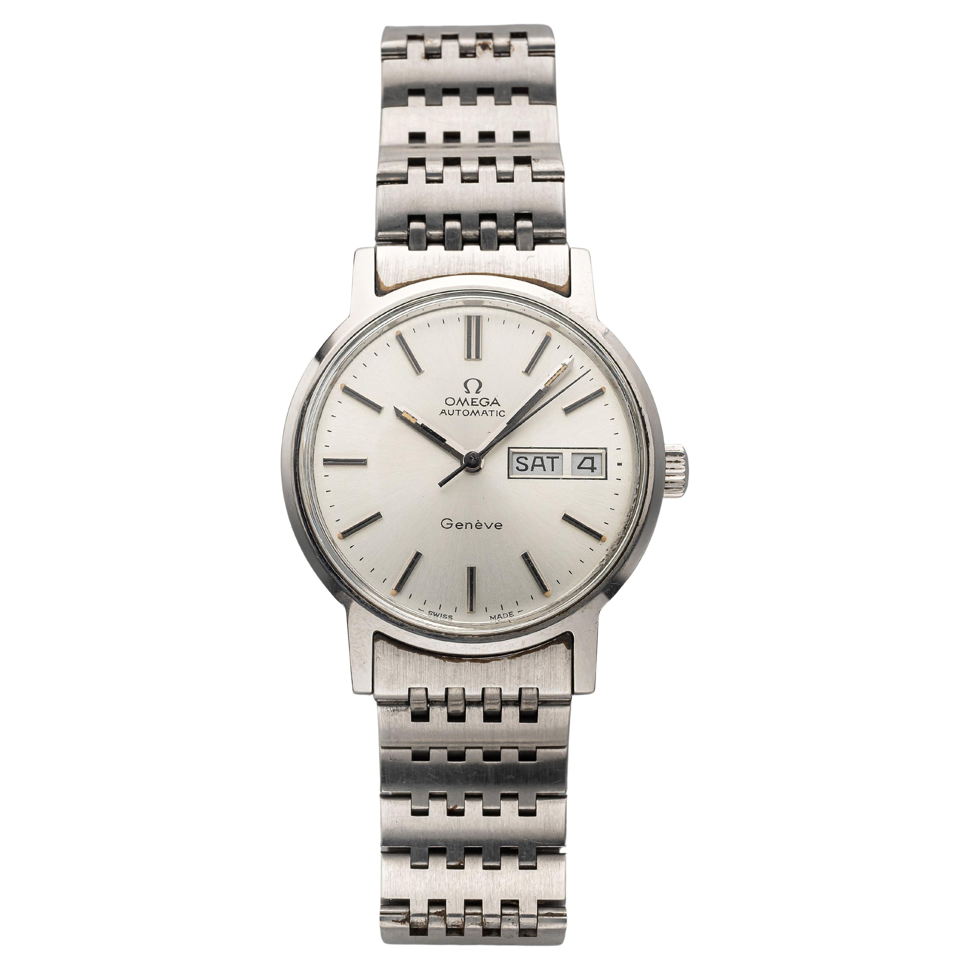 Vintage Omega Geneve 70s Automatic Silver Dial Day Date 37mm Case en venta