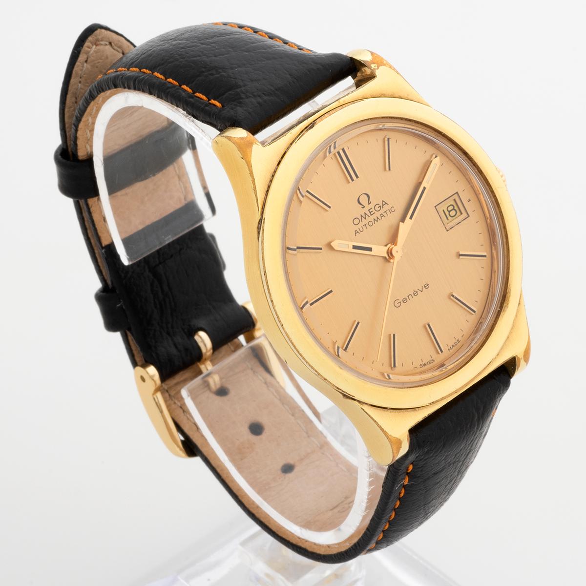 Our vintage Omega Geneve automatic features a 36mm gold capped case with gold tone dial and black indices. A larger than average for its era, this retro Omega dates from c.1974 with a XXXXX serial number and is fitted to a quality leather strap with
