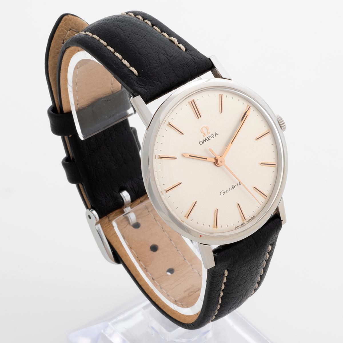 Our vintage Omega Geneve, reference 131.019SP with manually wound cal 601 movement is presented in outstanding condition given its age with a beautiful original silver dial and gilt hands and has a stainless steel 34 mm case (without crown, 35.5mm