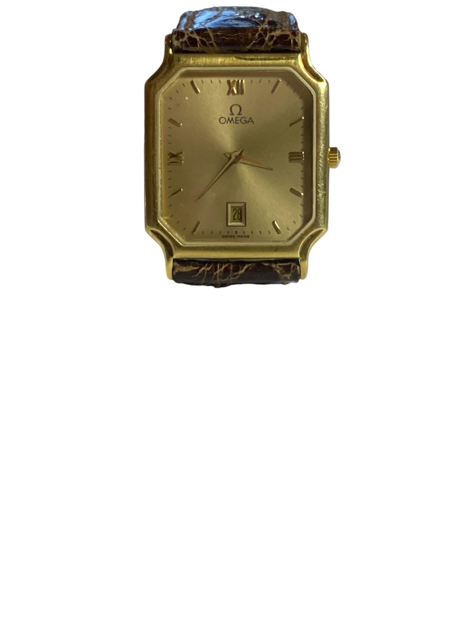 Women's or Men's .
‏Vintage Omega Gold-Plated Rectangular Watch with Brown Leather Strap For Sale
