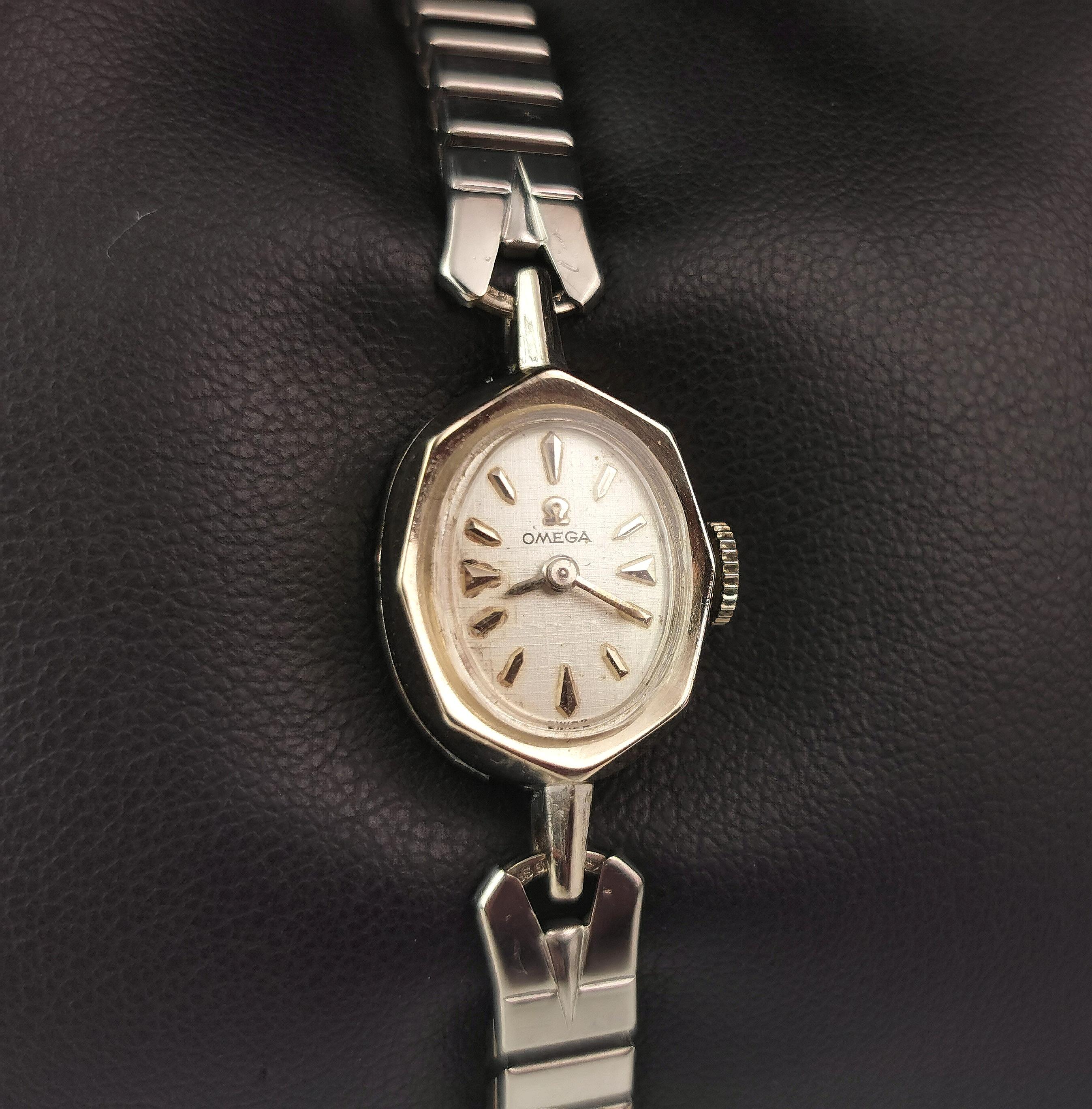 Vintage Omega Damen 14k Weißgold-Armbanduhr, Vintage  6