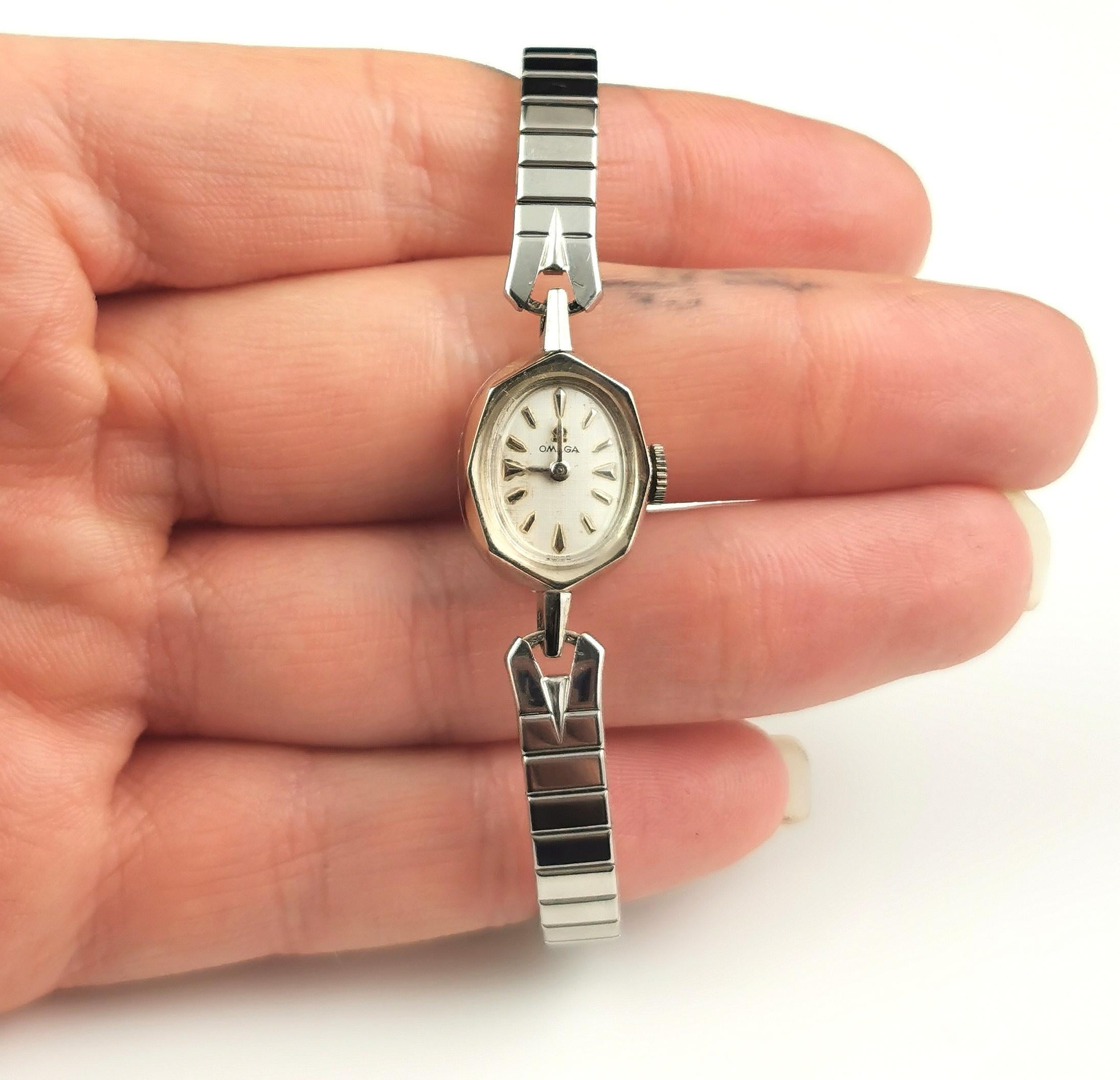 Vintage Omega Damen 14k Weißgold-Armbanduhr, Vintage  3