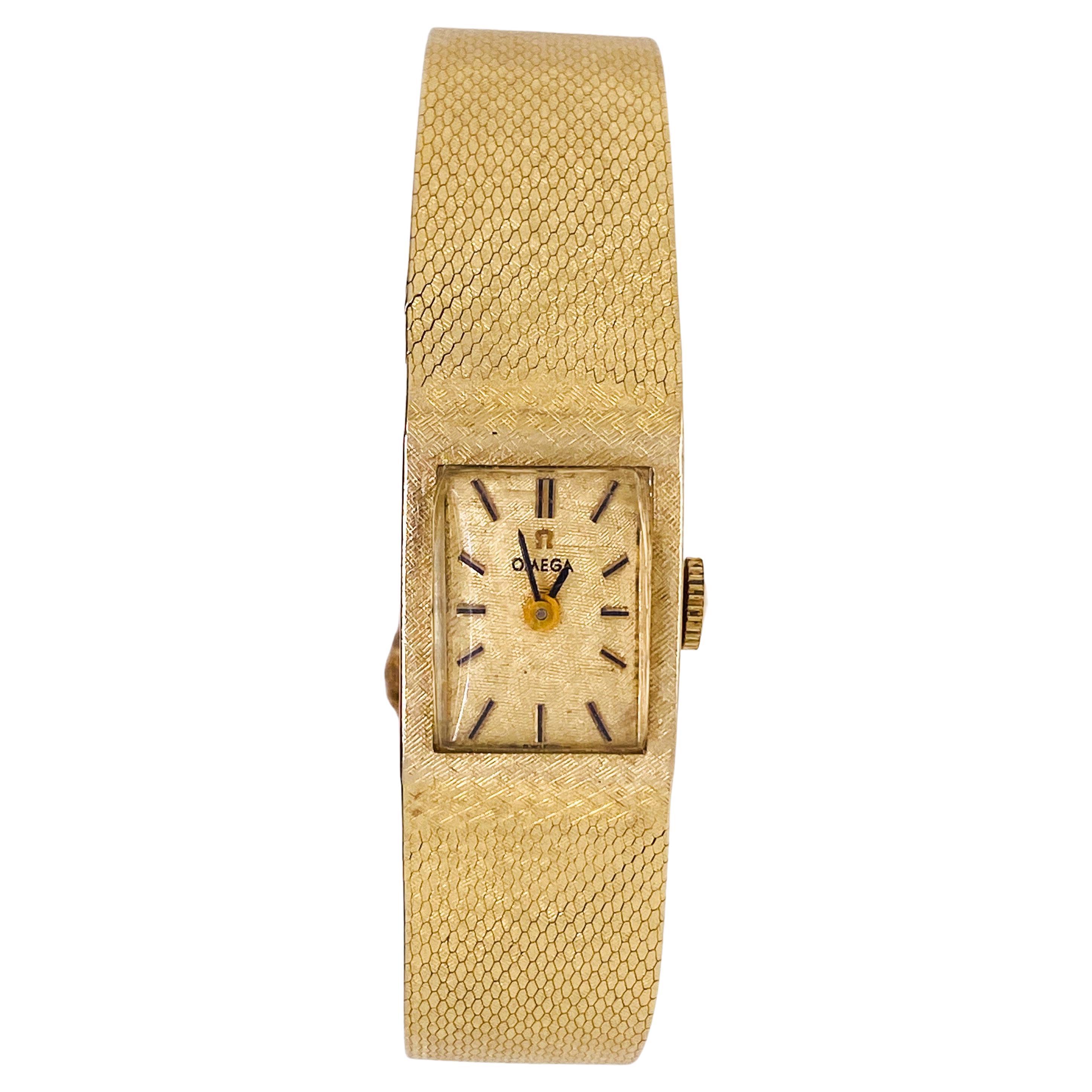 Vintage Omega Manual Wind Bracelet Watch, Snake Scale Pattern, All 14K Gold Lv
