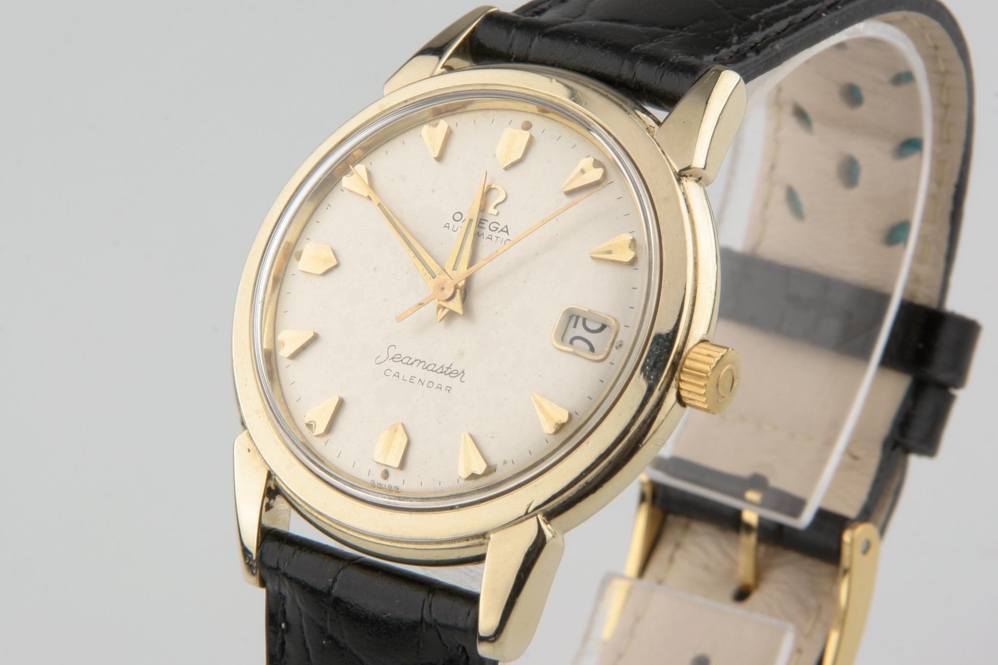 Vintage Omega Ω Herren Seamaster Kalender Automatik 14k Gold gefüllt Uhr w / Datum (Moderne) im Angebot