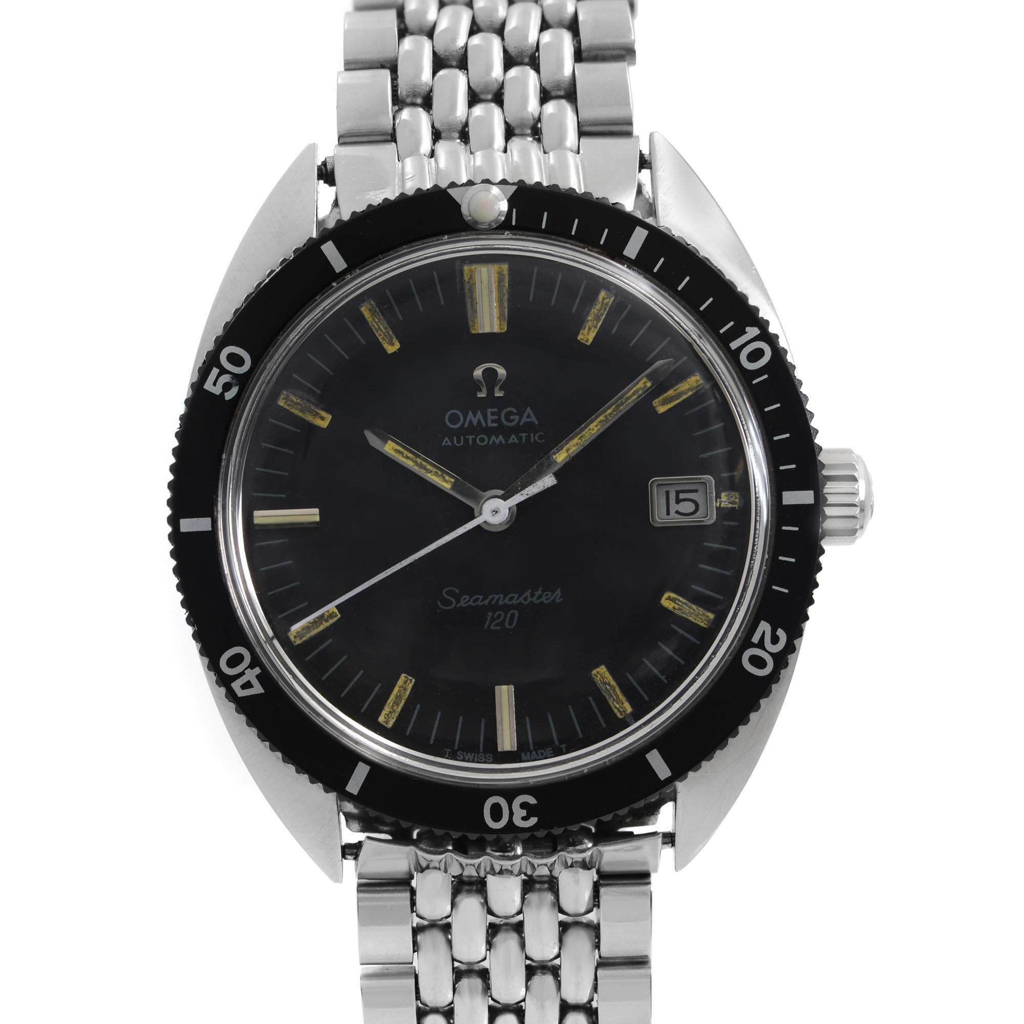 Pre-owned Vintage Omega Seamaster 120 37mm Stainless Steel Black Dial Men's Automatic Watch 135.027. Moderate Slack on the Bracelet, Scratches, and Nicks on Case, Bezel, and Bracelet, Scratches on Crystal, dirt, and oxidation on Hands and Hour