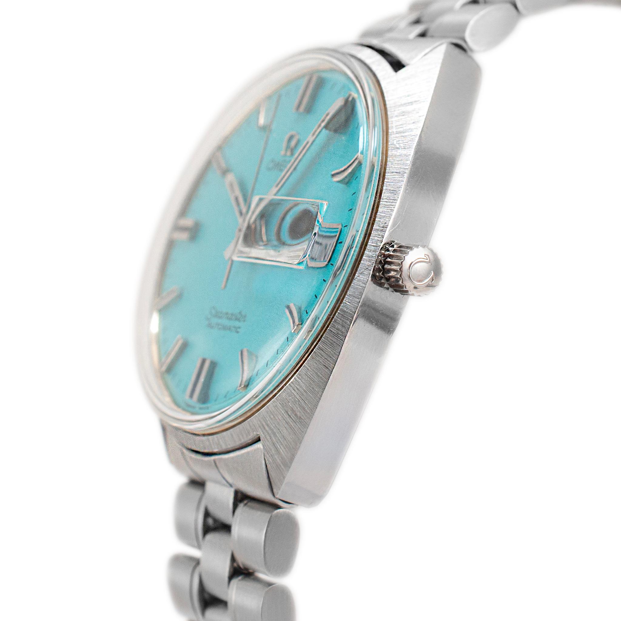 Vintage Omega Seamaster Cosmic 35MM 166.036 Turquoise Stainless Steel Watch In Excellent Condition In Houston, TX