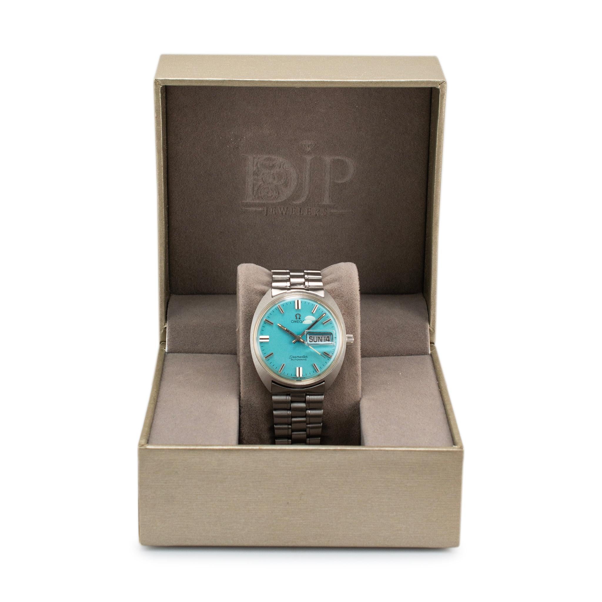 Vintage Omega Seamaster Cosmic 35MM 166.036 Turquoise Stainless Steel Watch 4