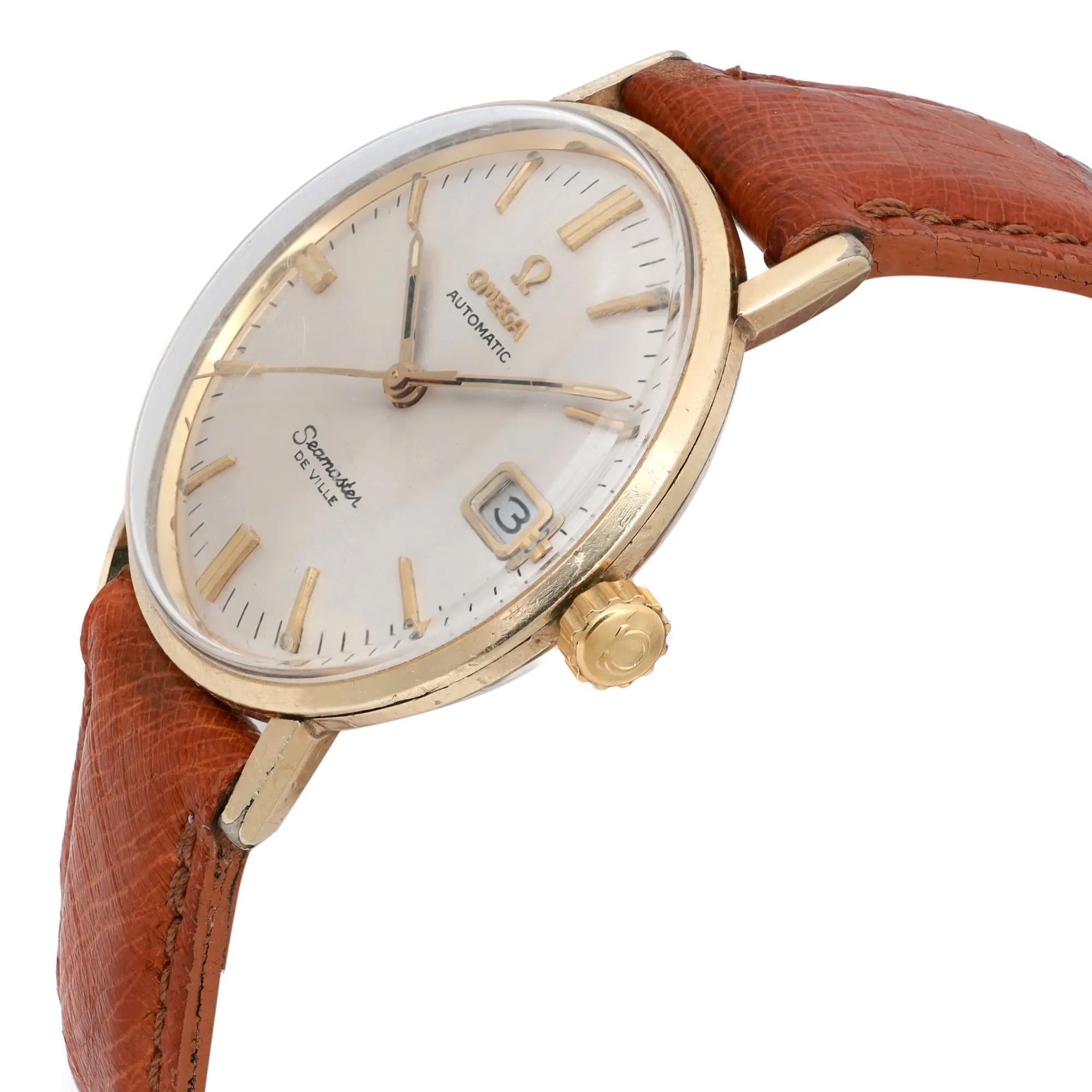 Vintage Omega Seamaster Deville 34mm 14K Yellow Gold Silver Dial Watch KL6292 In Fair Condition For Sale In New York, NY