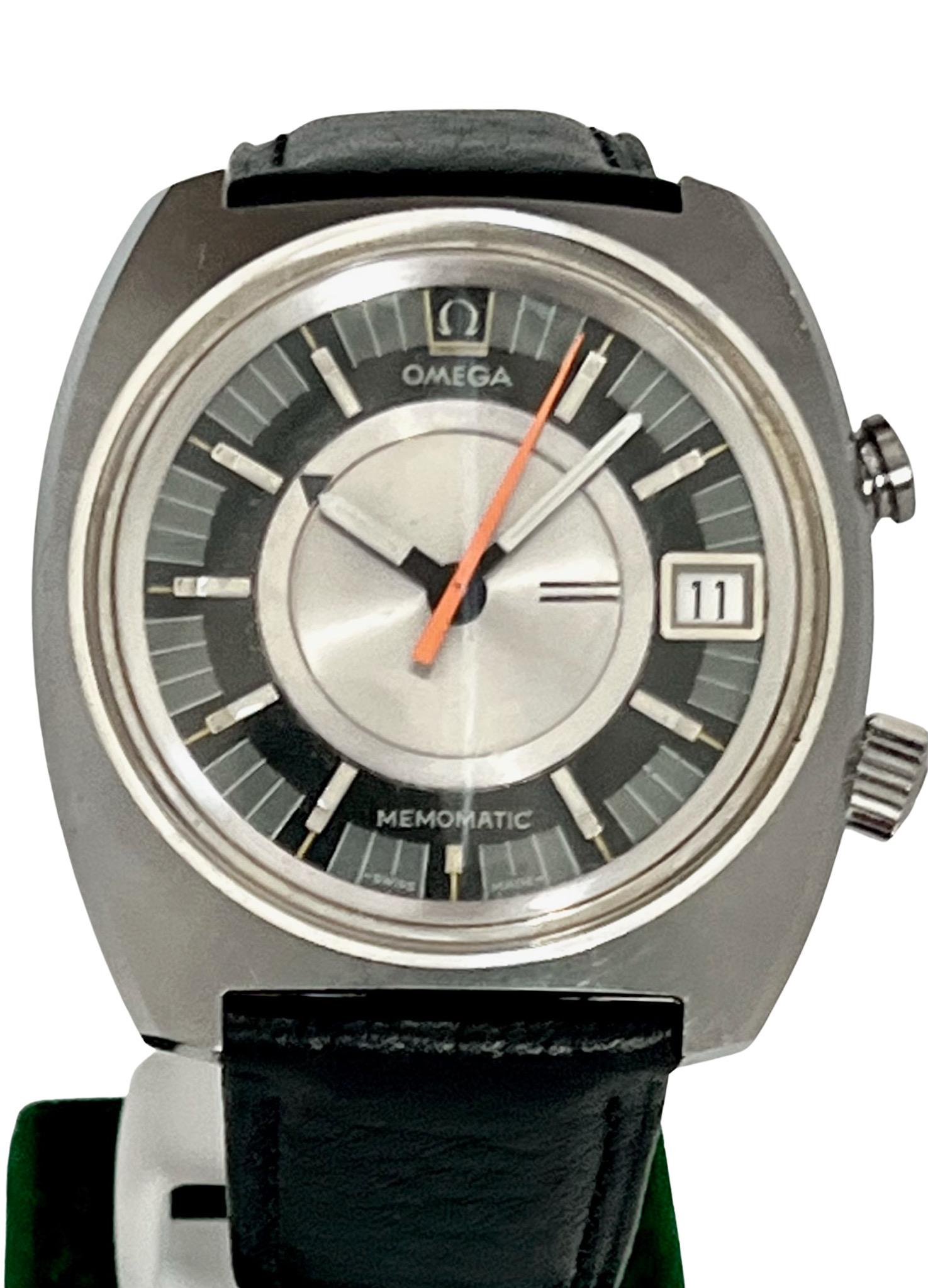 Stylish Vintage Omega Seamaster Memomatic, Model Ref. 166.072. Automatic winding calibre 980 movement. This is an excellent example of a fast appreciating watch model.

Stainless steel tonneau case with brushed sunburst finish, screw down case back