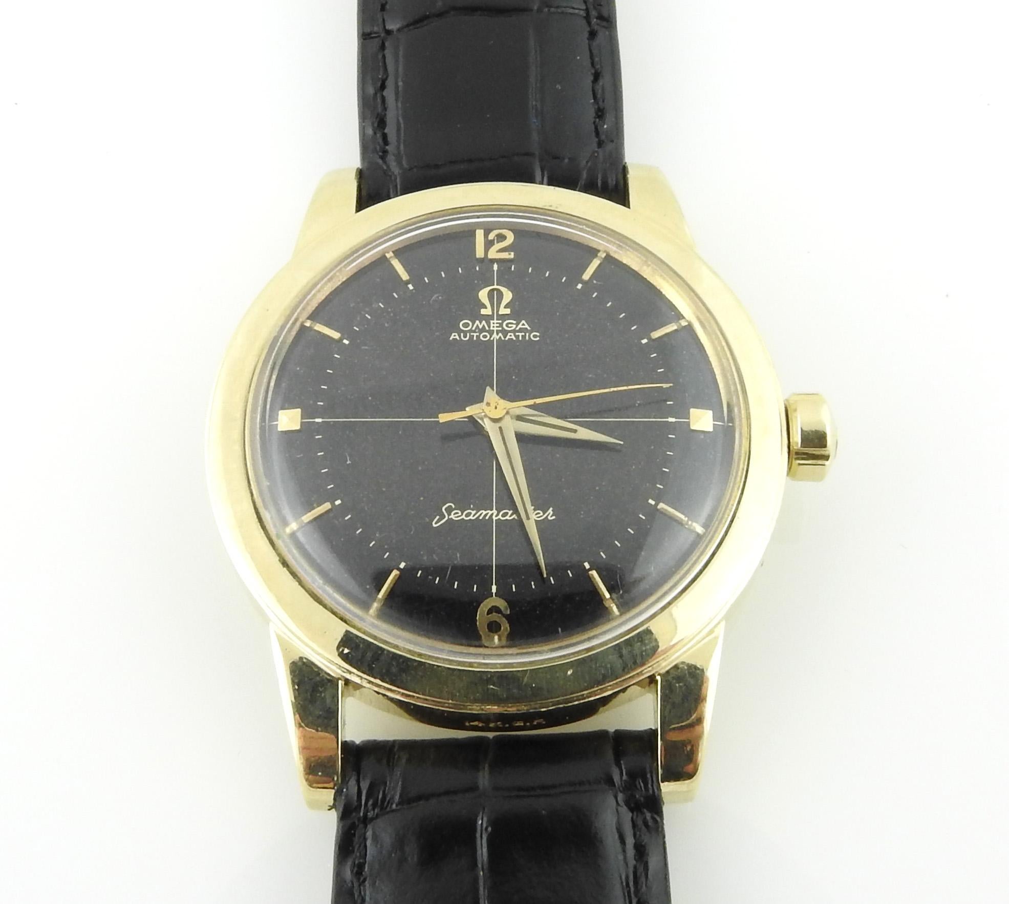 Vintage Omega Seamaster Watch

14K Gold Filled Omega Watch 

Black Dial

35mm case

Black leather band - not original omega

9.5