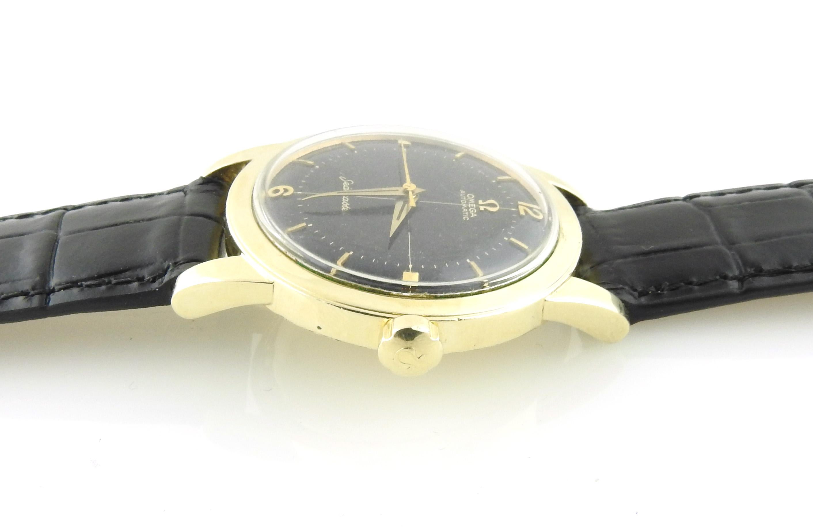Vintage Omega Seamaster Men's Watch 14k Gold Filled Black Dial Automatic In Good Condition In Washington Depot, CT