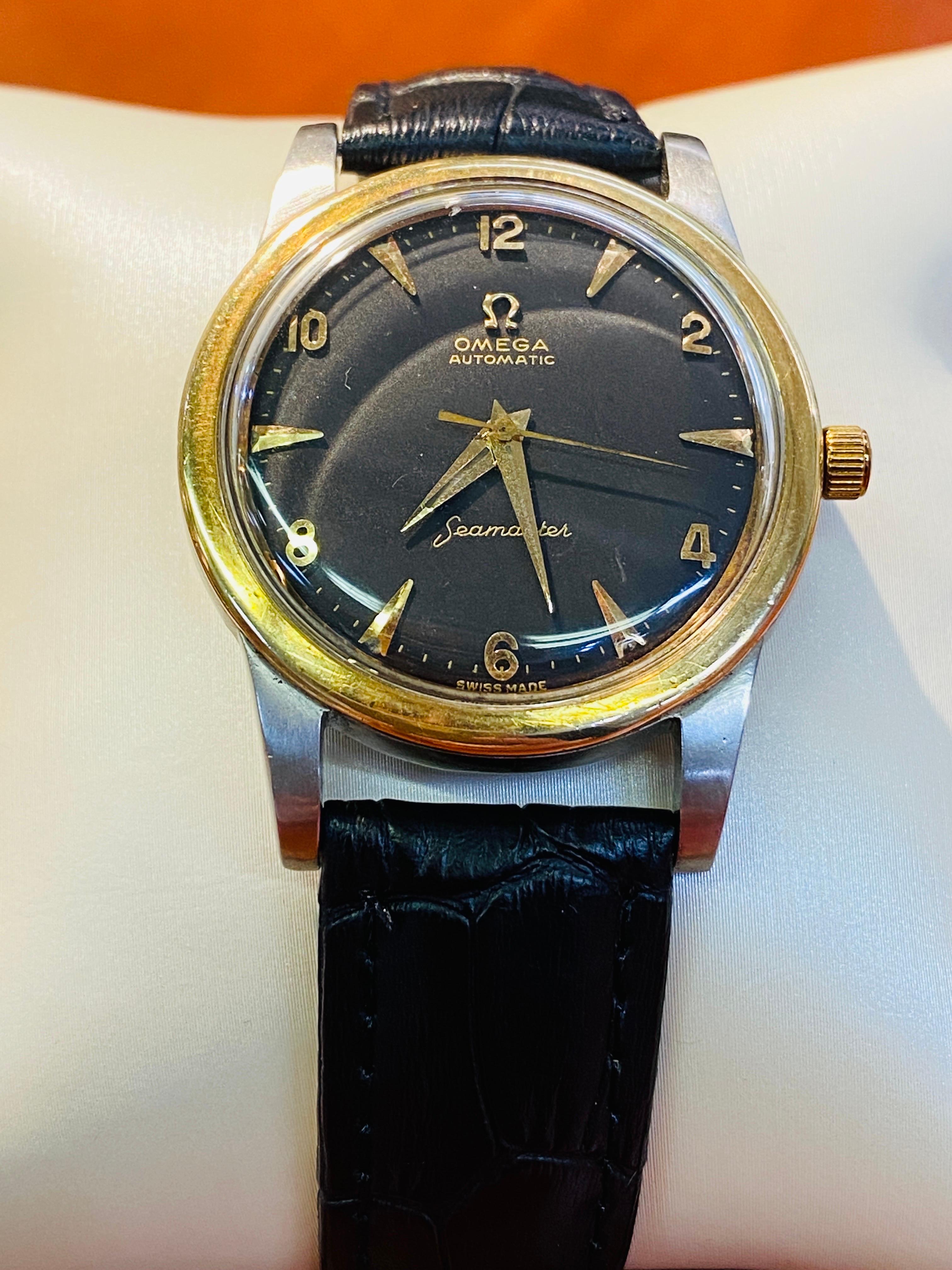 Vintage Omega Seamaster with Black Dial and Leather Band In Good Condition In DALLAS, TX