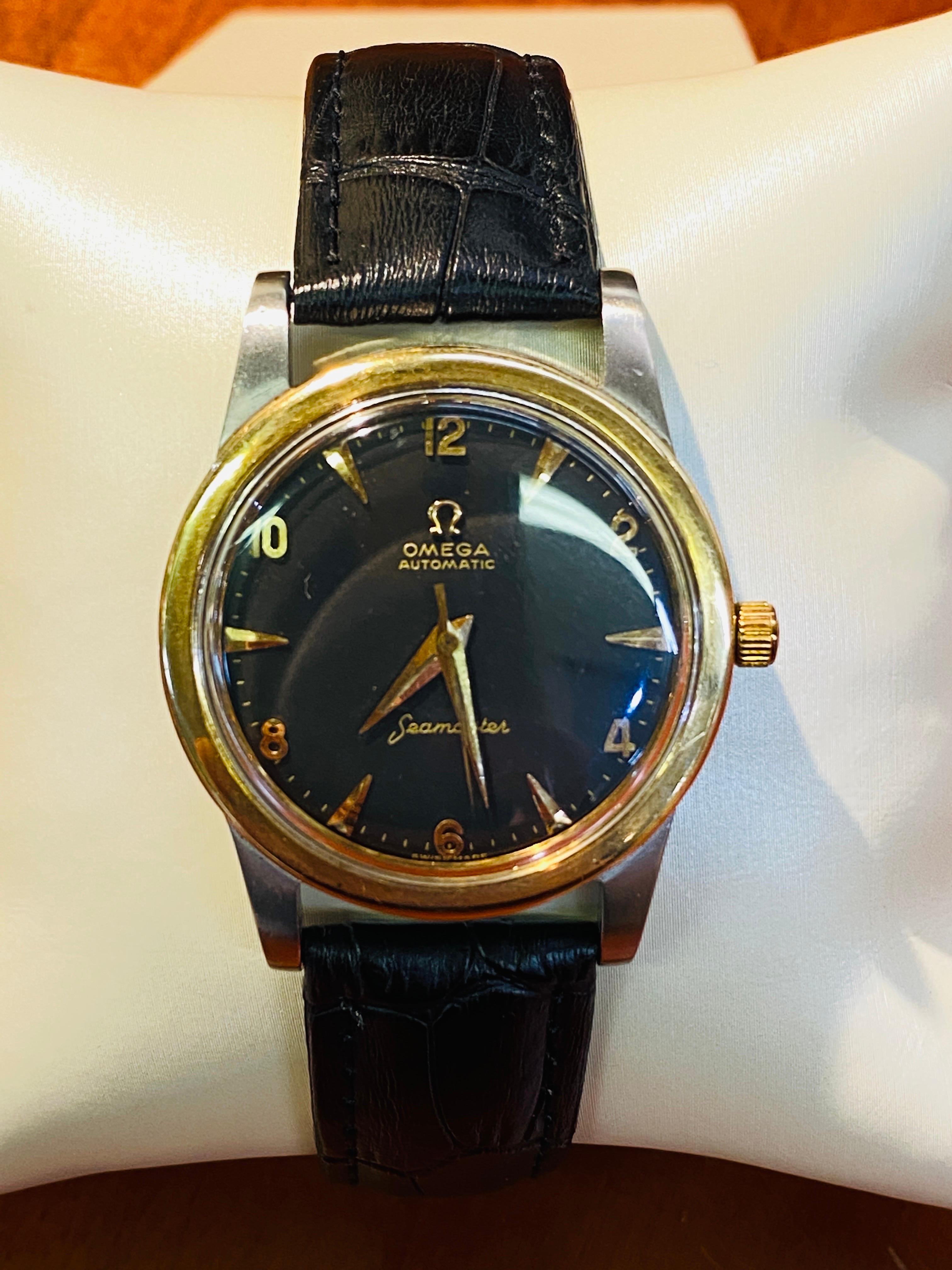 Women's or Men's Vintage Omega Seamaster with Black Dial and Leather Band