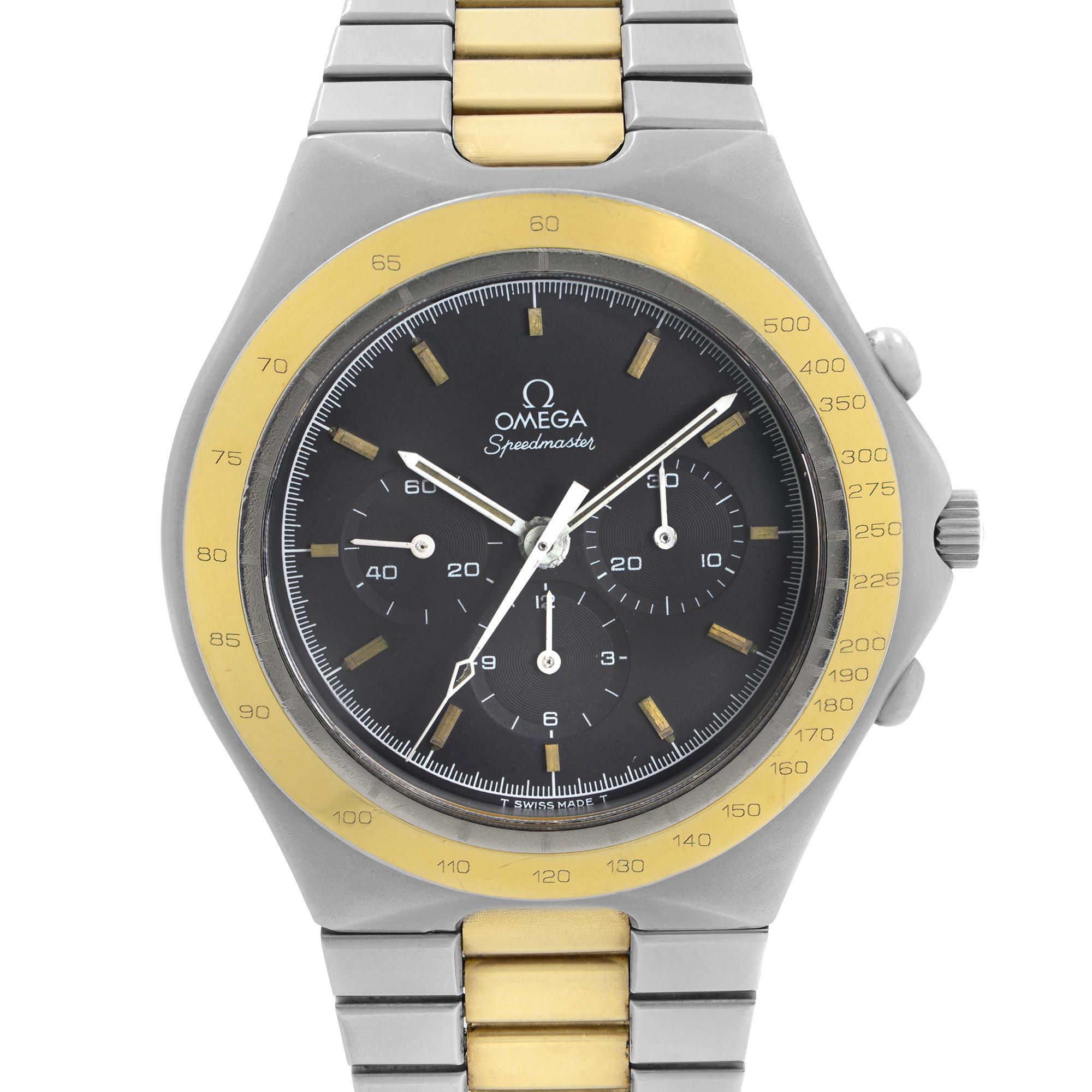 Vintage Omega Speedmaster Chronograph Two-Tone Steel Black Black Dial Hand-Wind Men's Watch 1450040. The band has 18K gold Plated Mid Links. Moderate Slack on the Bracelet, Scratches on the Bracelet Case, and Bezel. Small Scratches On the Dial. Dirt