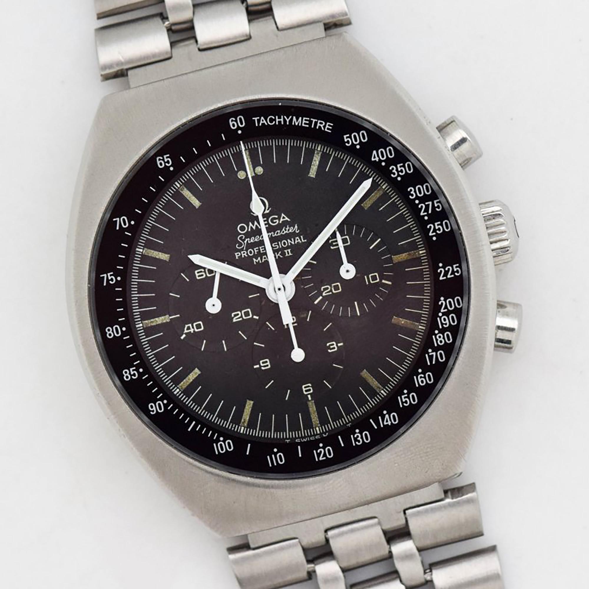 1970 Vintage Omega Speedmaster Professional Mark II Ref. 145014 Stainless Steel watch with Original Black Dial with White Luminous Markers with Original Omega Stainless Steel Bracelet. Case size, 43mm x 46mm lug to lug (1.69 in. x 1.81 in.) -