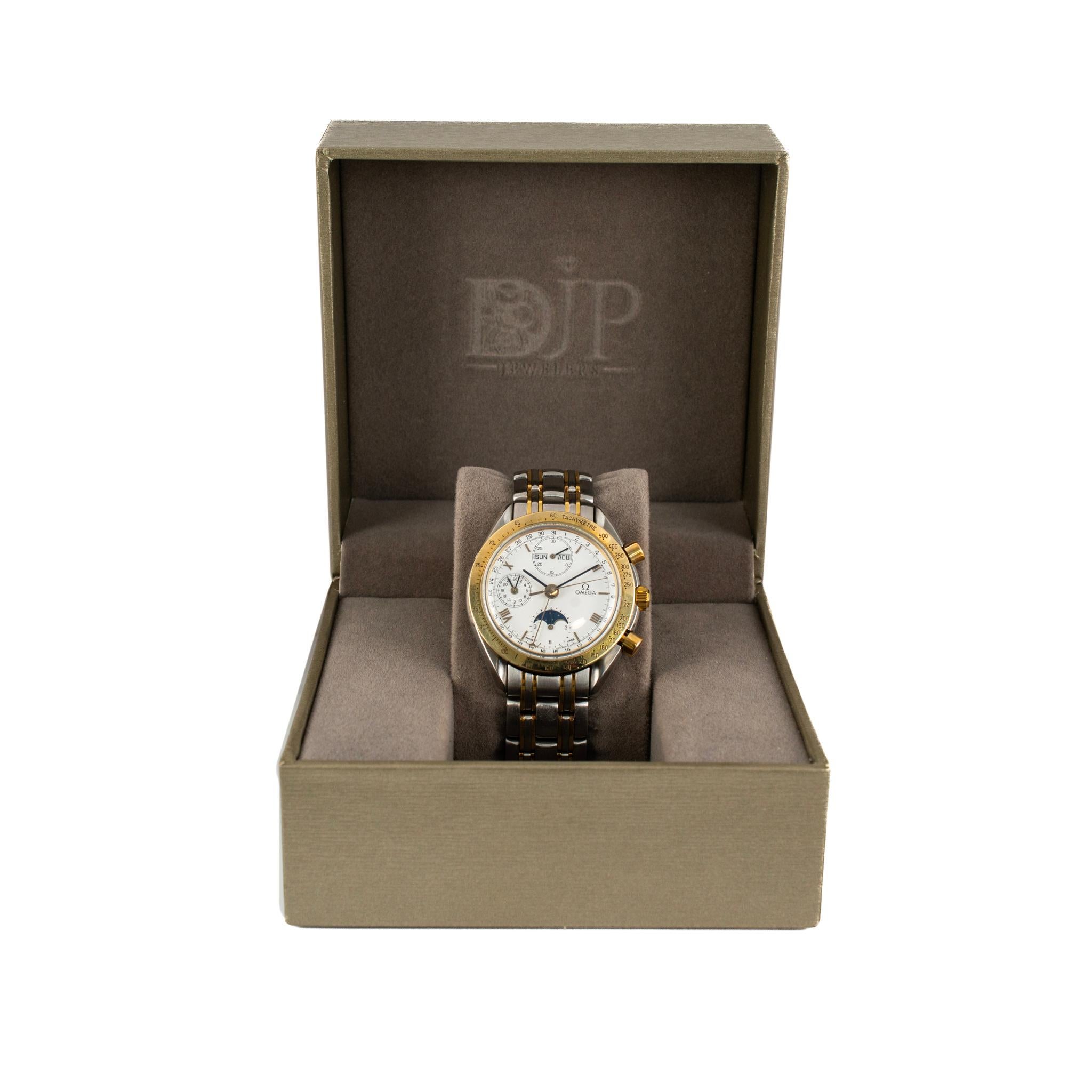 Reloj Vintage Omega Speedmaster Moonphase 39MM Blanco Romano Acero Oro en venta 6